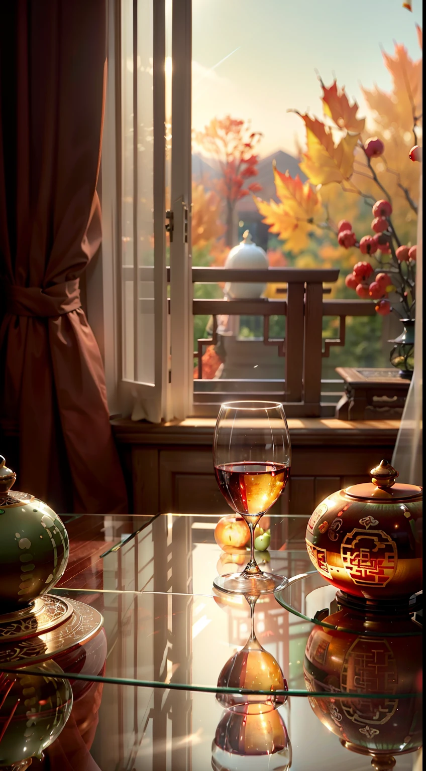 Extreme close-up，Clear，tmasterpiece，Chinese classical dining table，It is stocked with delicious food，red wine，wineglass，A variety of Chinese cakes，orange，apples，Bright natural light，Outside the window it is autumn，Pale green curtains，liveroom，C4D，Empty product display scene，Positive perspective，first person perspective