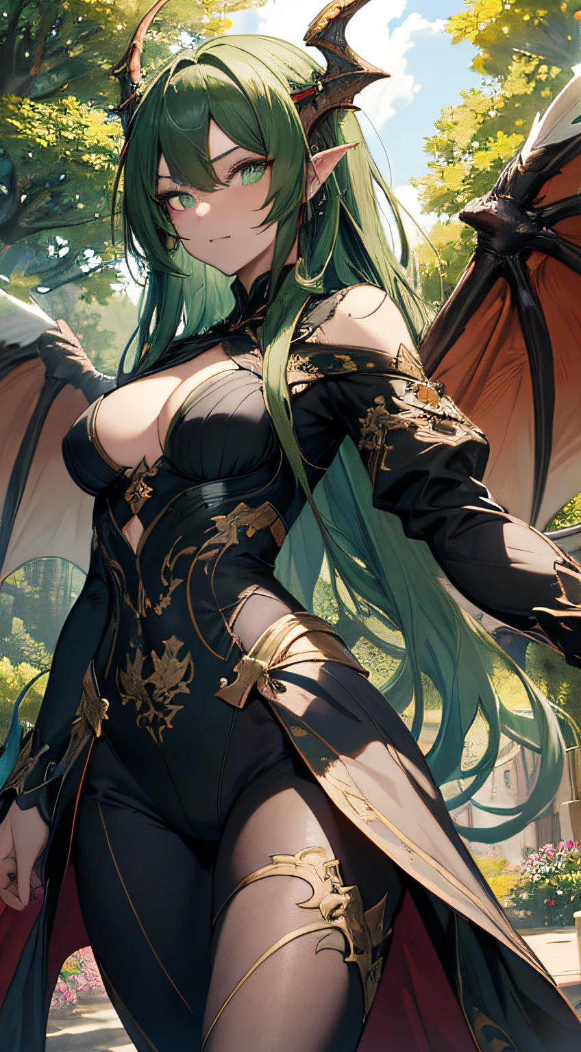 (best quality,4k,8k,highres,masterpiece:1.2),ultra-detailed,portrait,dark green hair,strong gaze,sharp pupils,half dragon motif,beautiful detailed face,dragon scales on half of her face,long flowing hair,expressive eyes,confident posture,standing in a lush garden with blooming flowers,vibrant colors,soft sunlight,scenic background,emerging dragon wings,whimsical atmosphere