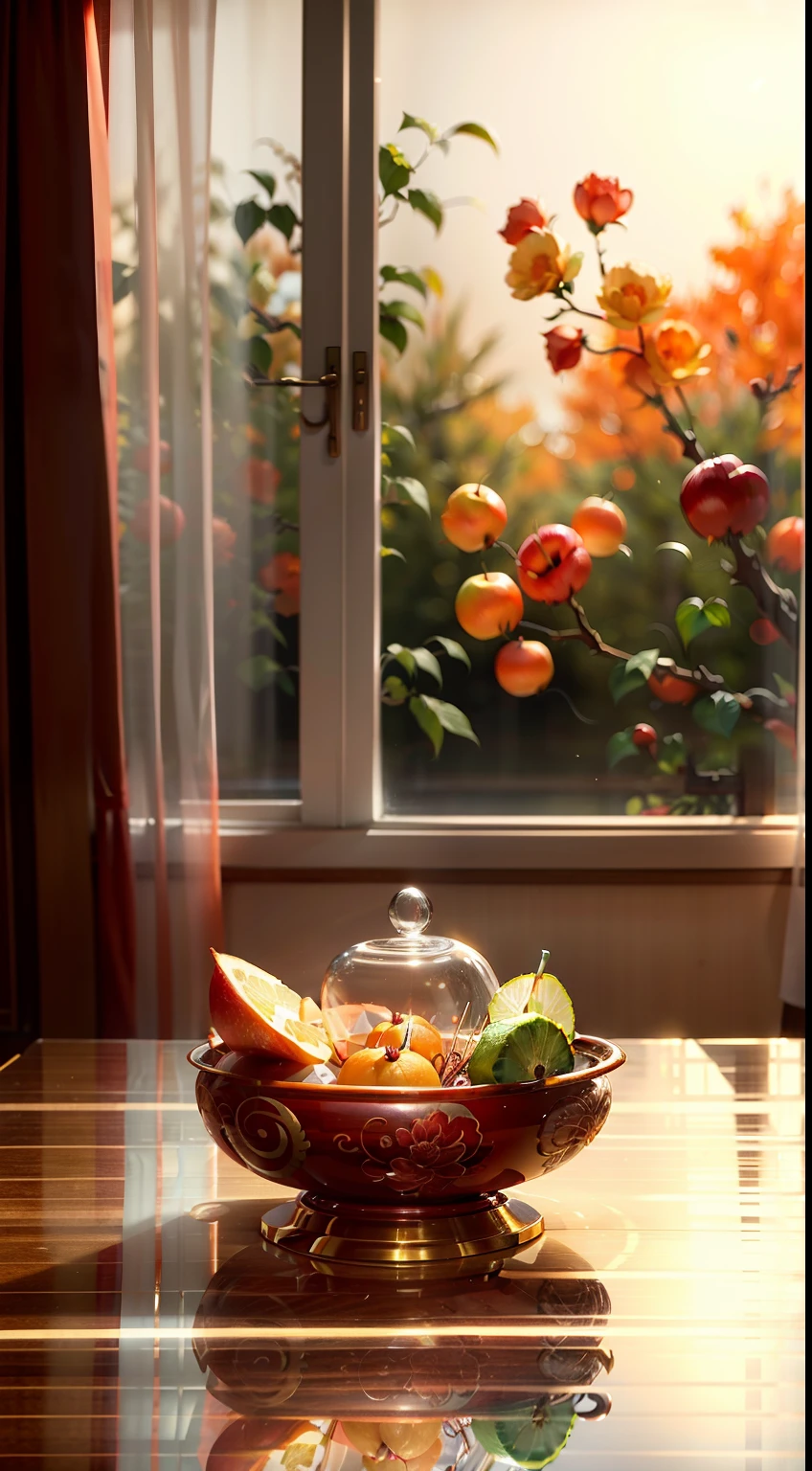 Extreme close-up，Clear，tmasterpiece，Chinese classical dining table，It is stocked with delicious food，red wine，wineglass，A variety of Chinese cakes，orange，apples，Bright natural light，Outside the window it is autumn，Pale green curtains，liveroom，C4D，Empty product display scene，Positive perspective，first person perspective