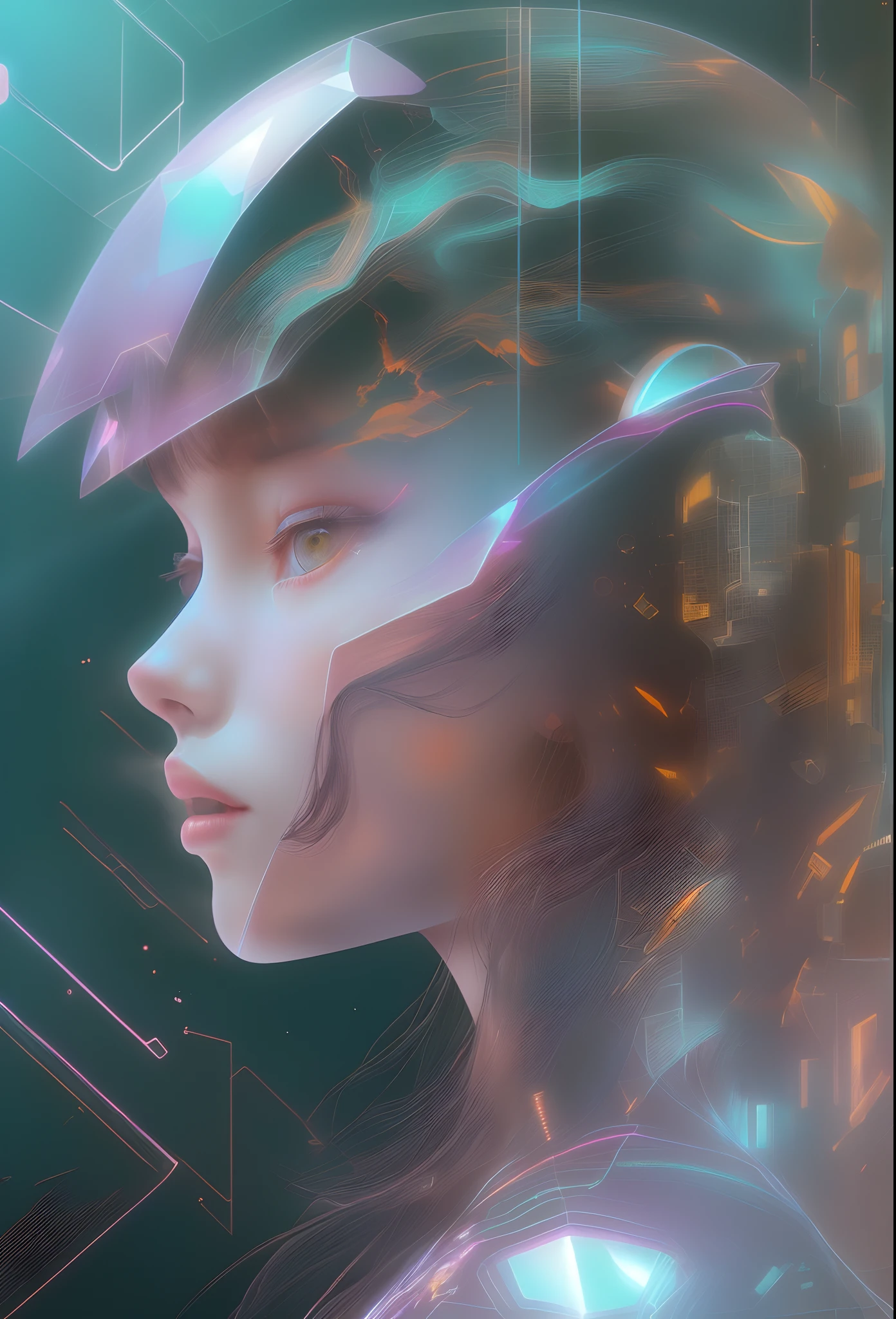 mecha-girl,Futuristic virtual holographic digital image background,(Doubleexposure:1.8),Complex illustrations in surrealist art style,Surreal dreams,Incognito as a virtual hologram person,Transparent people,Virtual holographic digital image