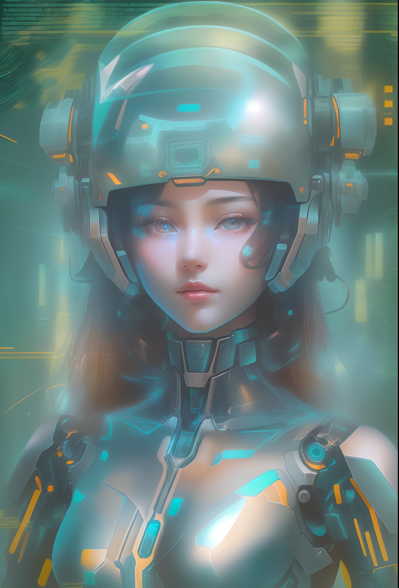 mecha-girl,Futuristic virtual holographic digital image background,(Doubleexposure:1.8),Complex illustrations in surrealist art style,Surreal dreams,Incognito as a virtual hologram person,Transparent people,Virtual holographic digital image