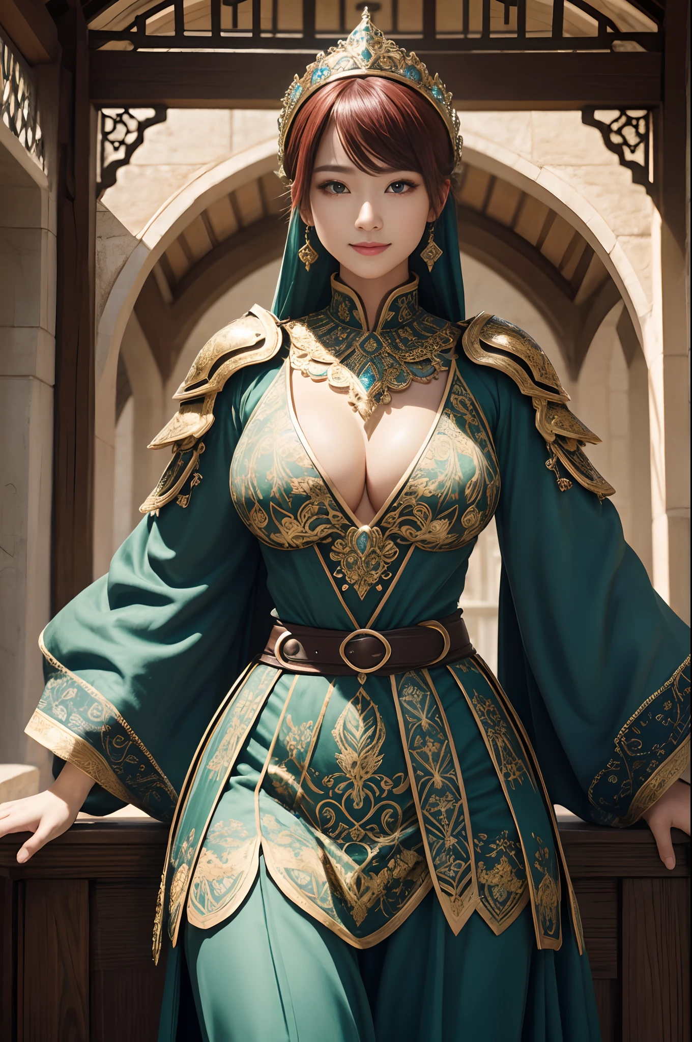 (dark shot:1.1)The whole body of a mature holy knight,Big sexy holy knight chest armor(absurderes、hight resolution、The ultra-detailliert)、One woman's whole body、Green and white female holy knight armor,Mature holy knight with big breasts、Extravagant black and gold trousers、Red hair short bob、Skinny and big、blue eyess、Muscular and macho、finely eye and detailed face、intricate detailes、BREAK mosaic art、small pieces、colorful tesserae、Complex pattern、Tiled design、durable surfaces、Old fashioned technique BREAK macro photography、extreme close - up、intricate detailes、Enlarged texture、stunning clarity、Hidden beauty、Interruption of immersive perspective、artisanal creations、Handmade Products、unique designs、intricate detailes、Creative expression、skilled craftsmanship、魅惑的、enticing、English Garden、A smile、
