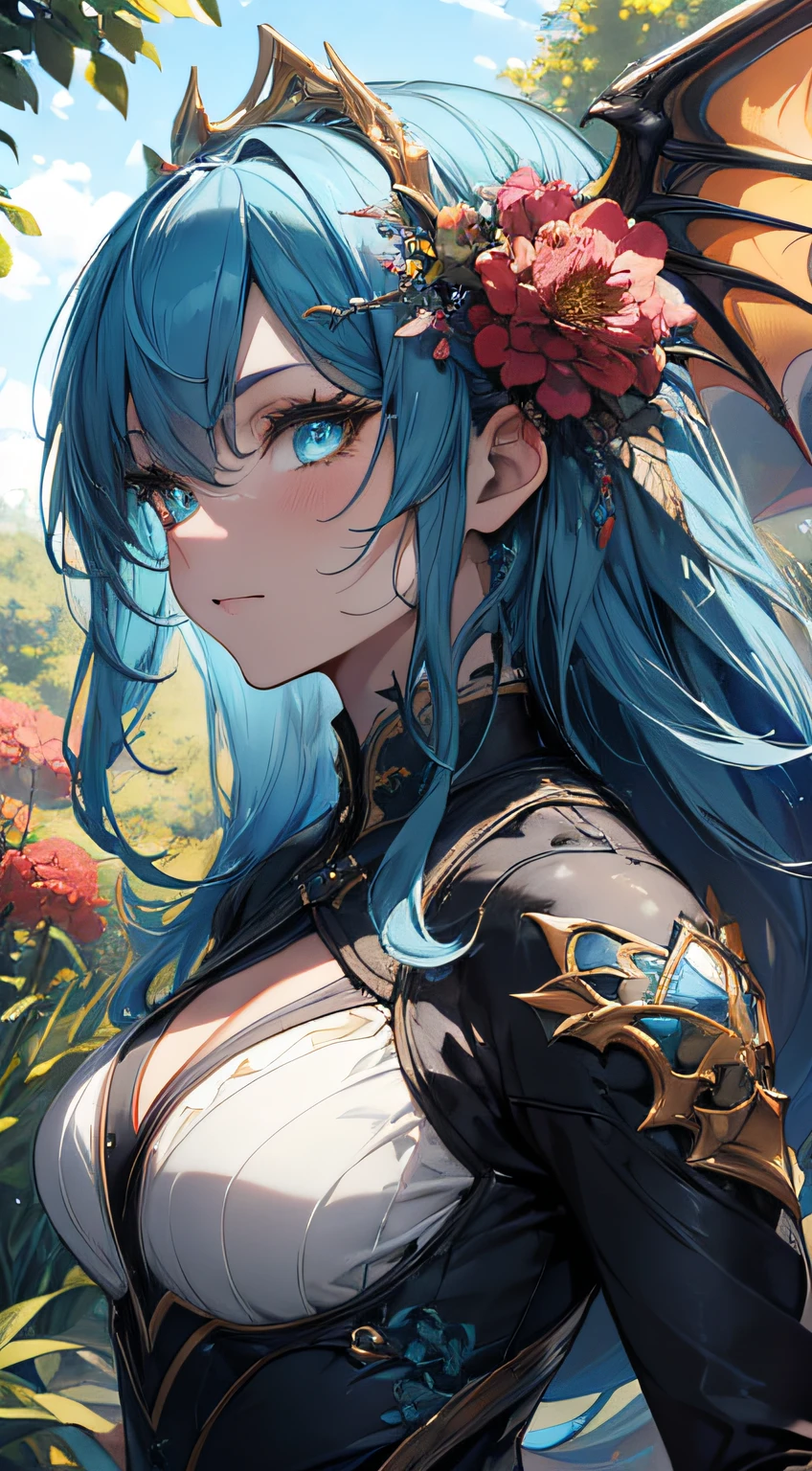 (best quality,4k,8k,highres,masterpiece:1.2),ultra-detailed,portrait,blue hair,strong gaze,sharp pupils,half dragon motif,beautiful detailed face,dragon scales on half of her face,long flowing hair,expressive eyes,confident posture,standing in a lush garden with blooming flowers,vibrant colors,soft sunlight,scenic background,emerging dragon wings,whimsical atmosphere