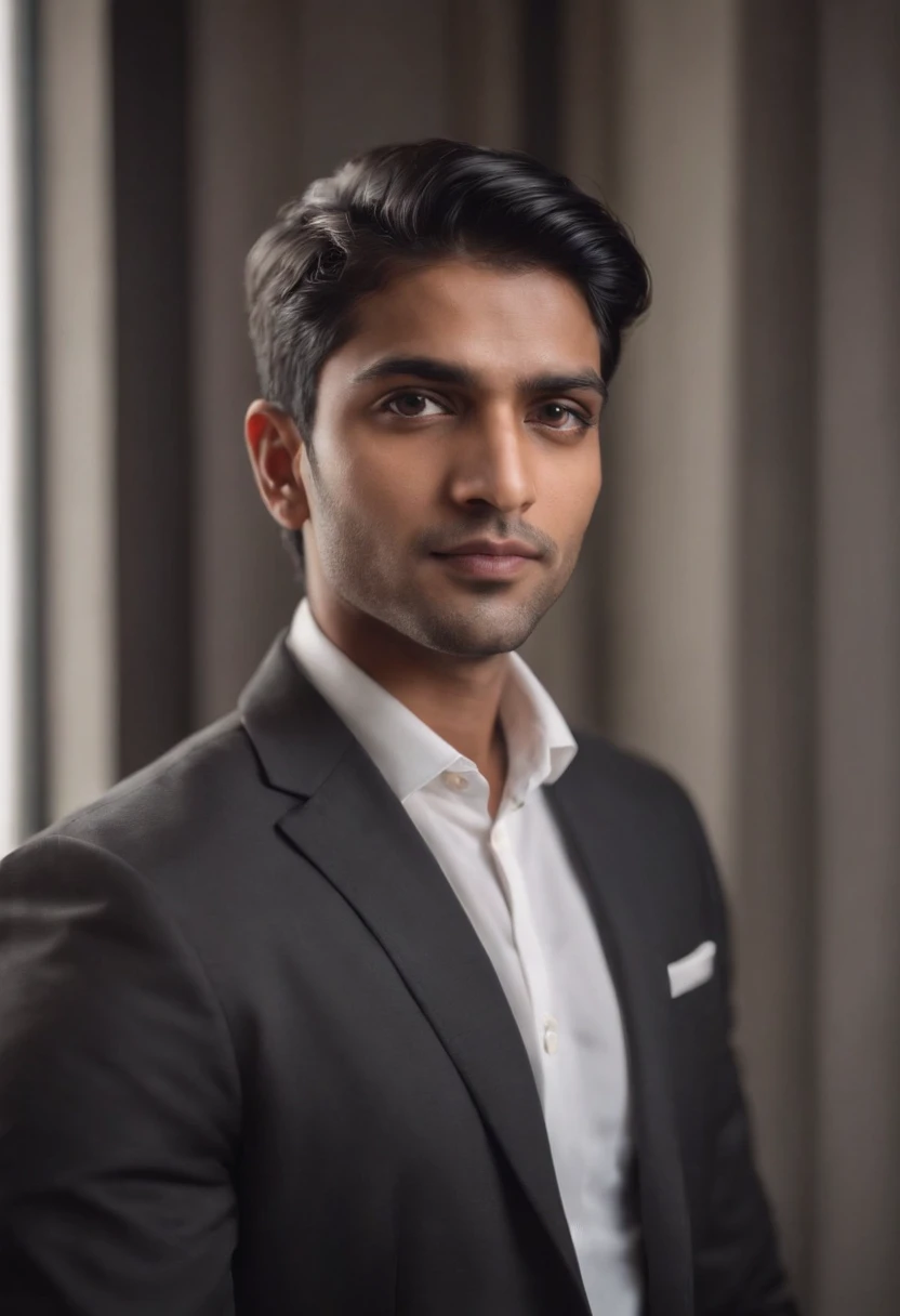 30 year old Indian man with black hair in a business suit, portrait, looking directly at the camera, headshot, shaved