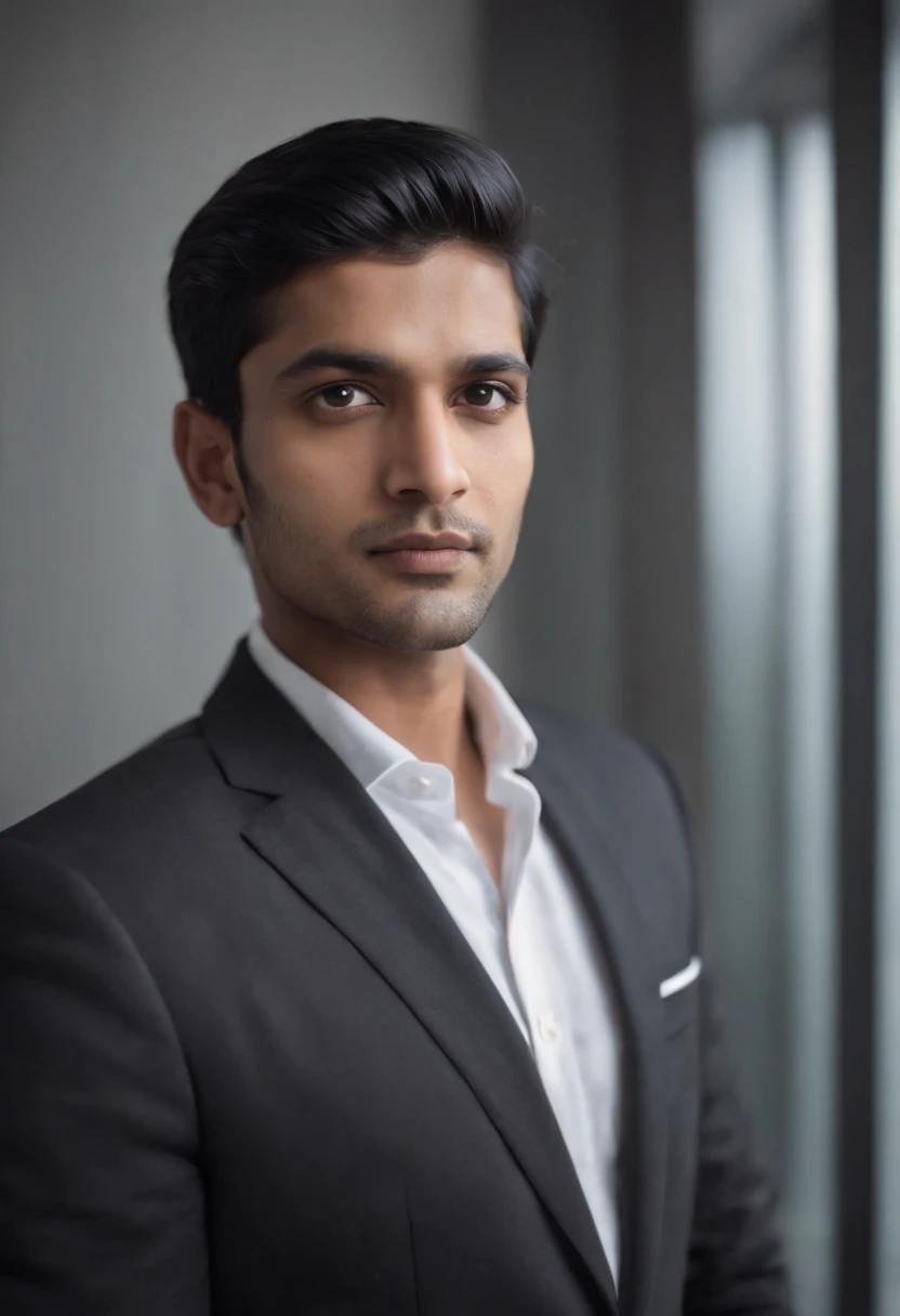 30 year old Indian man with black hair in a business suit, portrait, looking directly at the camera, headshot, shaved