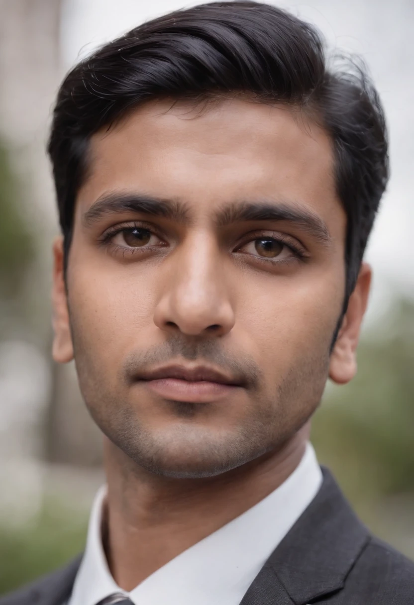 30 year old Indian man with black hair in a business suit, portrait, looking directly at the camera, headshot, shaved
