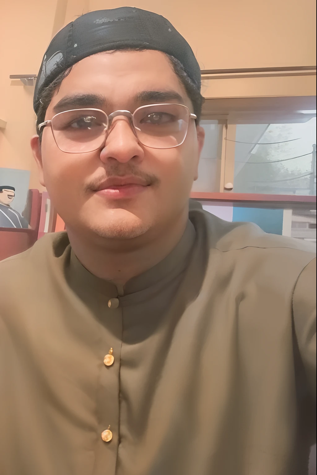 there is a man wearing a hat and glasses posing for a picture, very very low quality picture, khyzyl saleem, around 1 9 years old, wearing a kurta, with accurate face, inspired by Bikash Bhattacharjee, ash thorp khyzyl saleem, without beard, with no beard, mohamed chahin, facebook post
