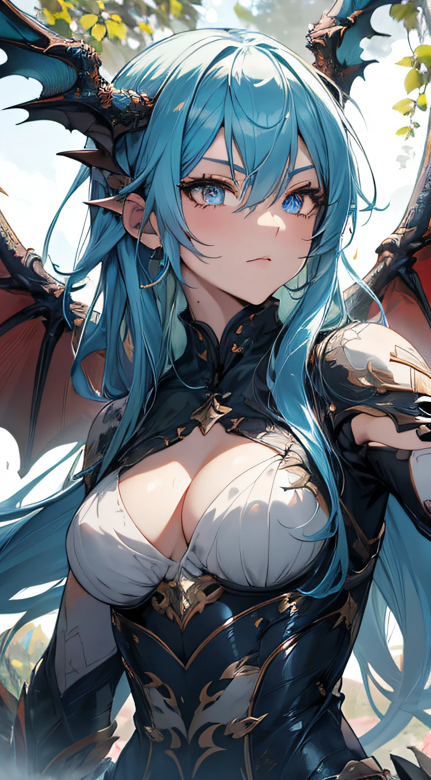 (best quality,4k,8k,highres,masterpiece:1.2),ultra-detailed,portrait,blue hair,strong gaze,sharp pupils,half dragon motif,beautiful detailed face,dragon scales on half of her face,long flowing hair,expressive eyes,confident posture,standing in a lush garden with blooming flowers,vibrant colors,soft sunlight,scenic background,emerging dragon wings,whimsical atmosphere