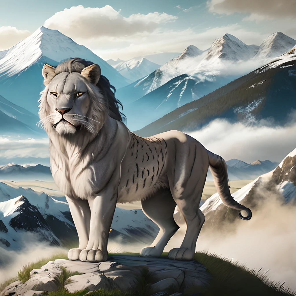 Roaring lion with a landscape of mountains