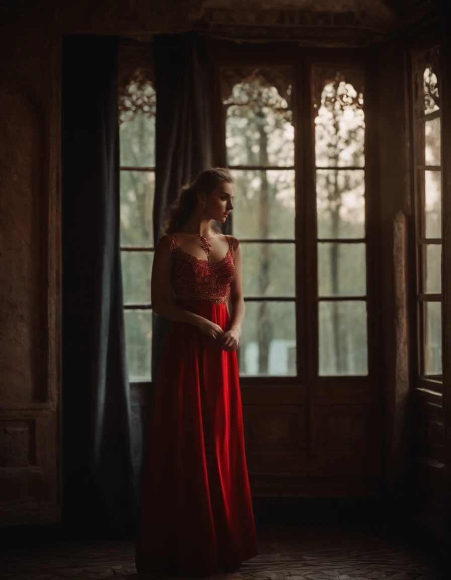 A beautiful Russian model stand near the window, she's ... , Dramatic scene, low light room , black trees are back of the window, red shoes, Persian architecture