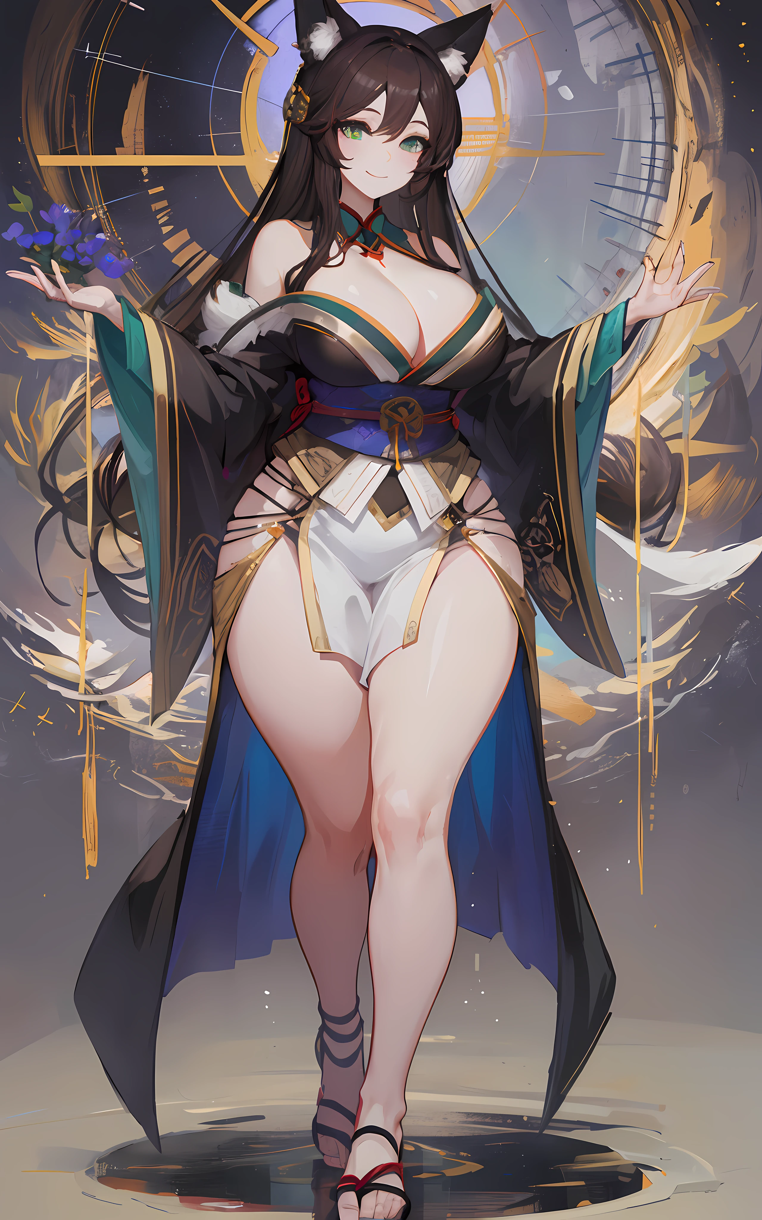 (Masterpiece: 1.5), (Best Quality: 1.5), Perfect Eyes, Perfect Face, Volumetric Lighting, 1 Woman, Mature Woman, (Whiteness: 5), Fox ears, Fox tail, green eyes, dark brown hair, massive breasts, massive cleavage, kimono, thick thighs, wide hips, sexy, bare foot, full body, seductive smiling,