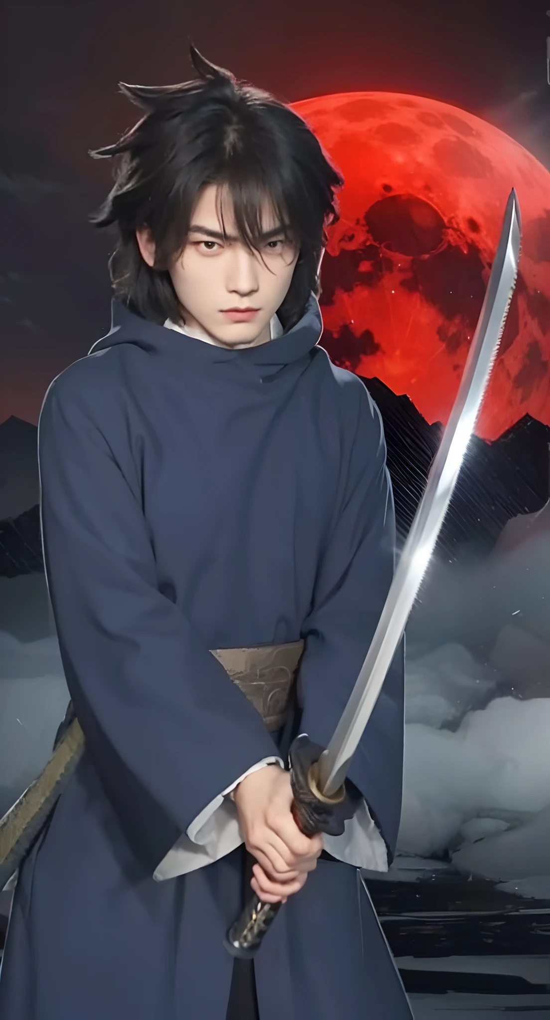Real life adaption of this character, handsome face, villain expression, looking to viewer,realistic same hair , realistic same outfit , realistic red moon background, hyper realistic, realistic light, realistic shadow, realism,(photorealistic:1.2), holding katana