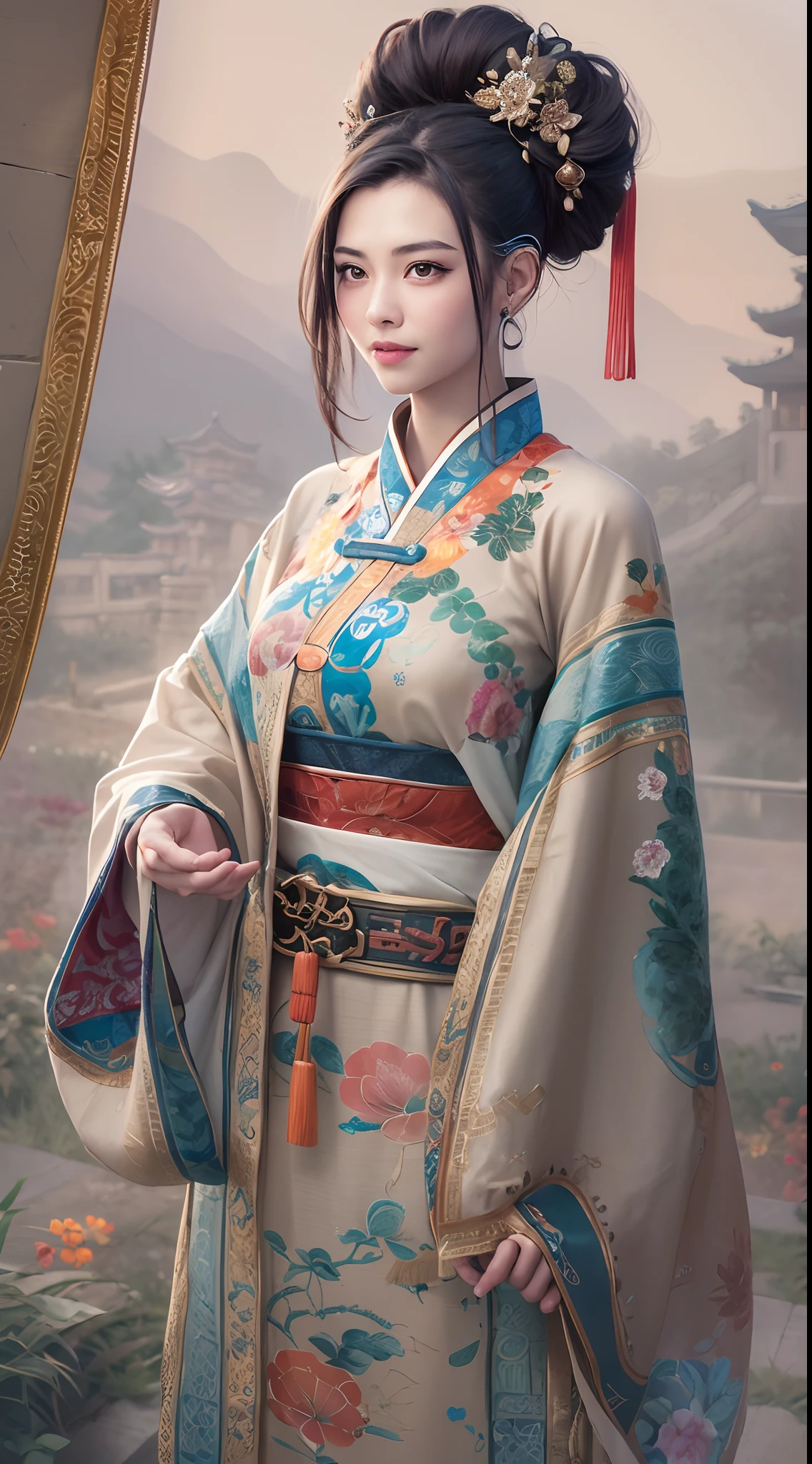 A young woman in ancient China，age 22，hair bobbles, wince, long eyelasher, solid circle eyes,Light smile, Ear blush,medium boob，full bodyesbian，Wear embroidered cloth shoes， surrealism, shadowing, anaglyph, stereograms, tachi-e, angle of view, Atmospheric perspective, 8K, Super detail, ccurate, Best quality