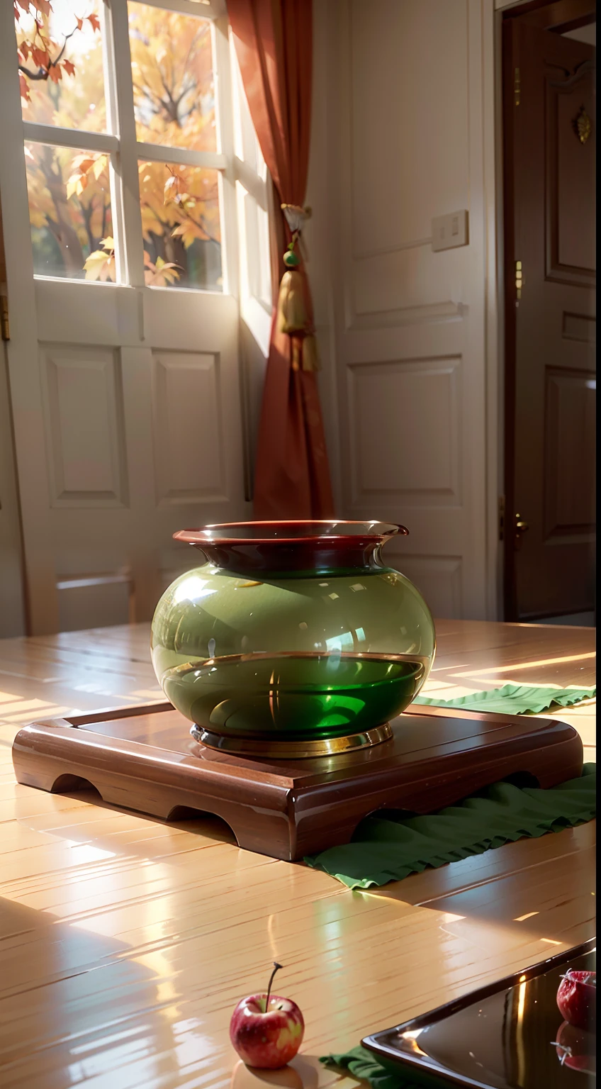 Extreme close-up，Clear，tmasterpiece，Chinese classical dining table，It is stocked with delicious food，red wine，wineglass，A variety of Chinese cakes，orange，apples，Bright natural light，Outside the window it is autumn，Pale green curtains，liveroom，C4D，Empty product display scene，Positive perspective，first person perspective