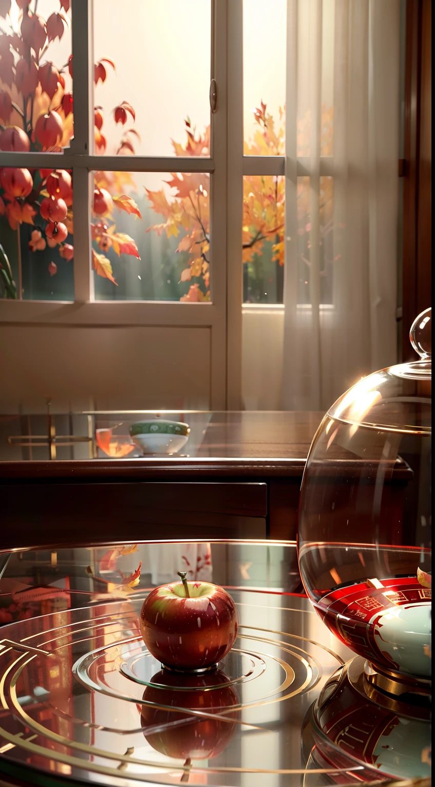 Extreme close-up,Clear,tmasterpiece,Chinese classical dining table,It is stocked with delicious food,red wine,wineglass,A variety of Chinese cakes,orange,apples,Bright natural light,Outside the window it is autumn,Pale green curtains,liveroom,C4D,Empty product display scene,Positive perspective,first person perspective
