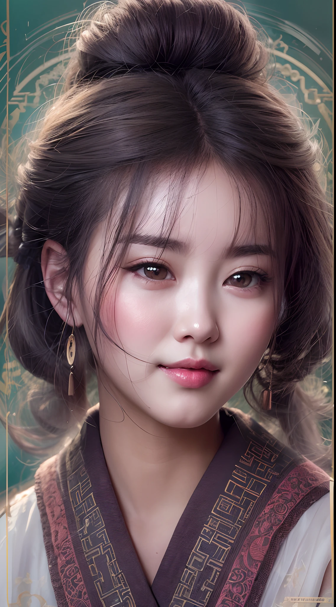 A young woman in ancient China,age 22,hair bobbles, wince, long eyelasher, solid circle eyes,Light smile, Ear blush,medium boob, surrealism, shadowing, anaglyph, stereograms, tachi-e, angle of view, Atmospheric perspective, 8K, Super detail, ccurate, Best quality