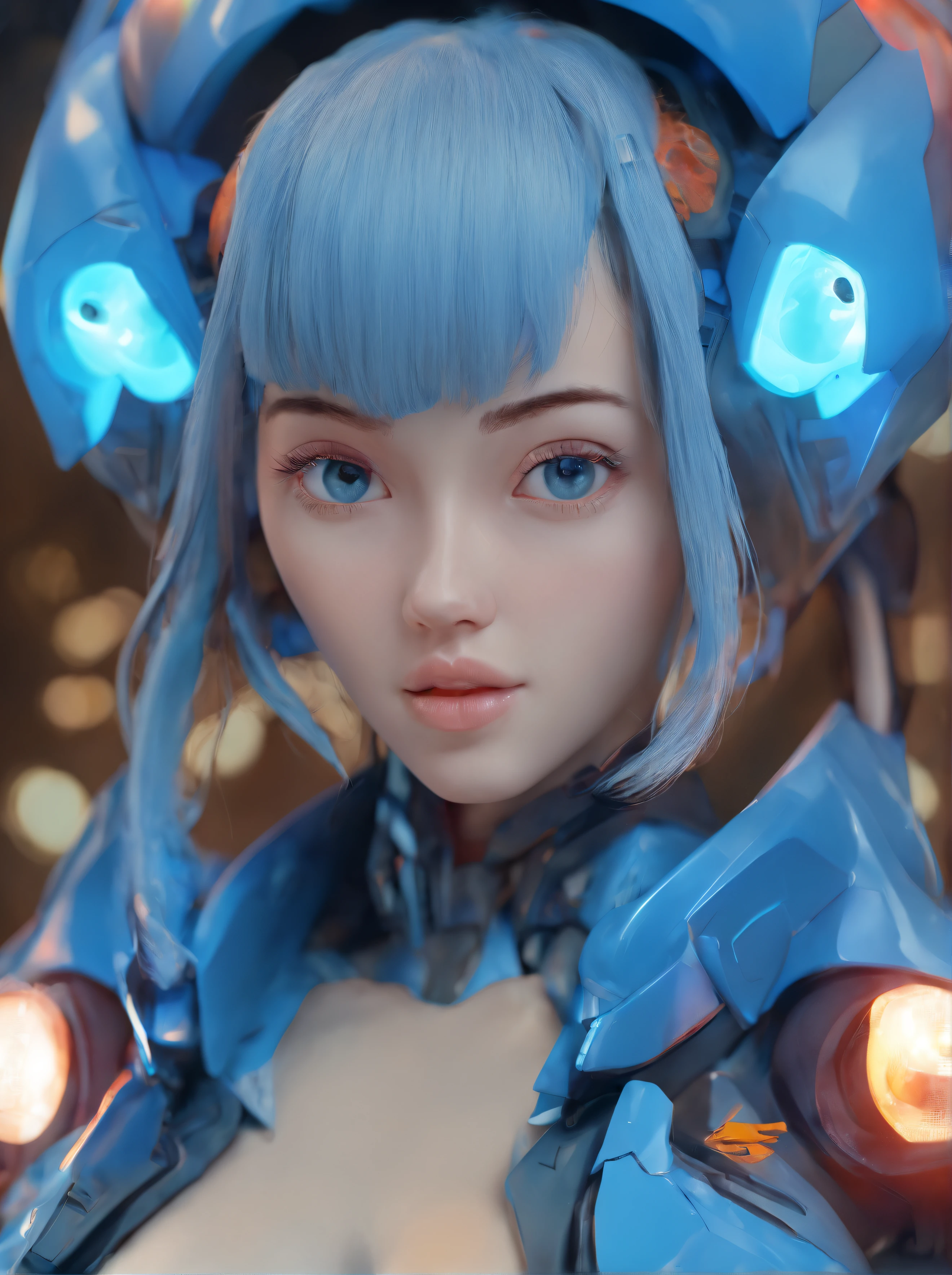 Close up of blue haired woman and blue robot, anime robotic mixed with organic, CGSesociety, anime mecha aesthetic, girl in mecha cyber armor, cyberpunk anime girl mech, trending on cgstation, Guviz, Phlegm sputum, phlegm |, Cute cyborg girl, Smooth blue armor, Guviz-style artwork,Blue girl