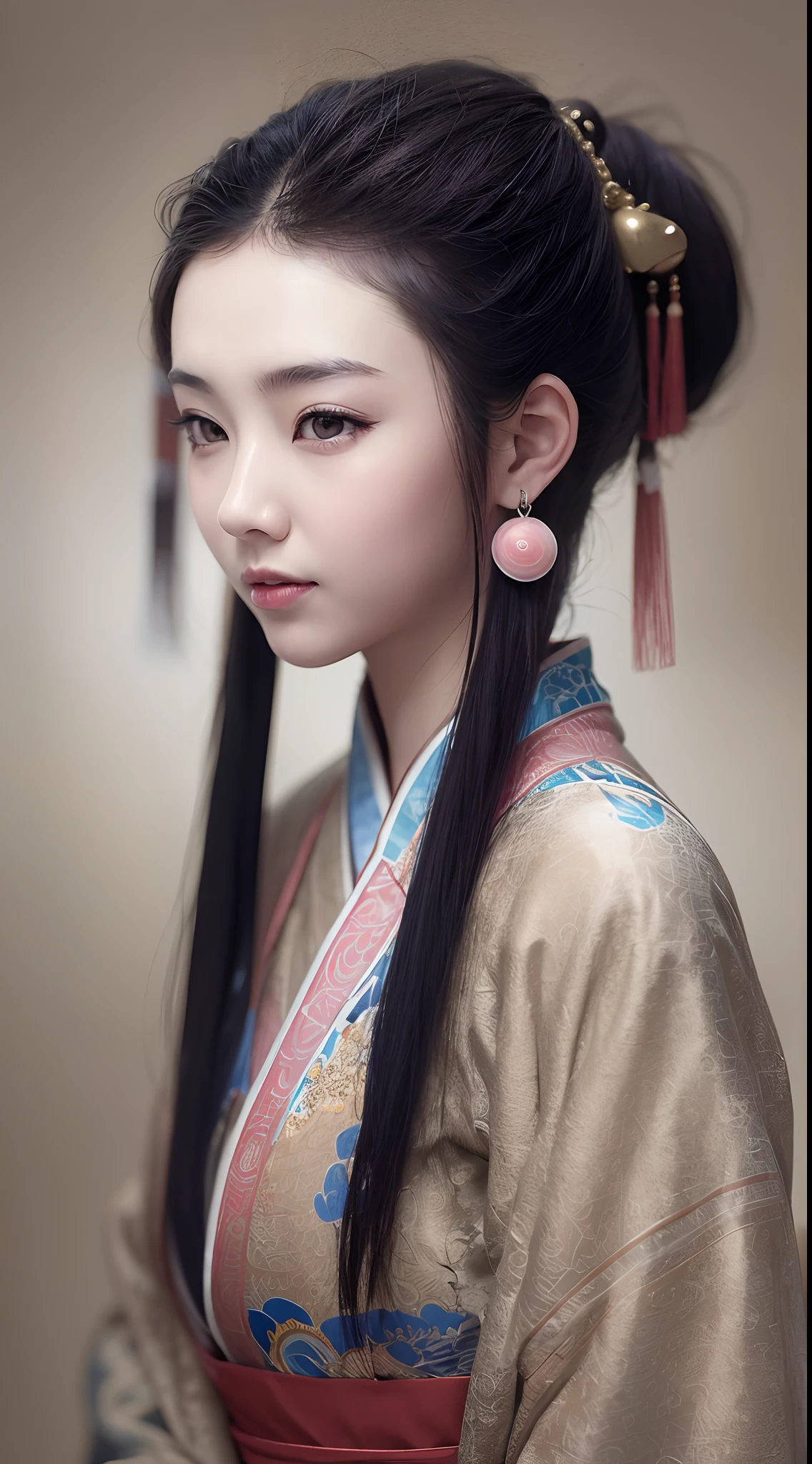 A young woman in ancient China，age 22，hair bobbles, wince, long eyelasher, solid circle eyes,Light smile, Ear blush,medium boob， surrealism, shadowing, anaglyph, stereograms, tachi-e, angle of view, Atmospheric perspective, 8K, Super detail, ccurate, Best quality