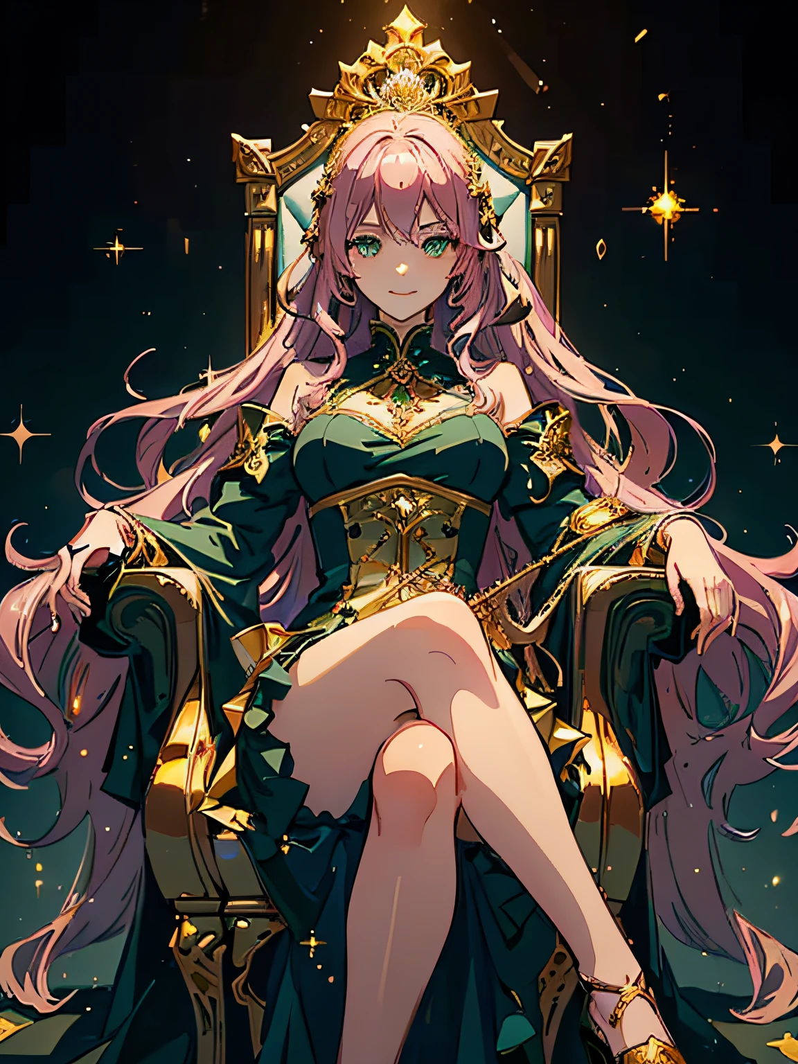 {(best quality, 8k, masterpiece, HDR, soft lighting, perfect image, digital illustration, manhwa art)} 1 very beautiful 18 year old woman, wavy pink hair, green eyes (imposing posture, wicked smile) wearing a luxurious dress, sitting on a throne, holding chess pieces, {(black background, gold details and sparkles)}