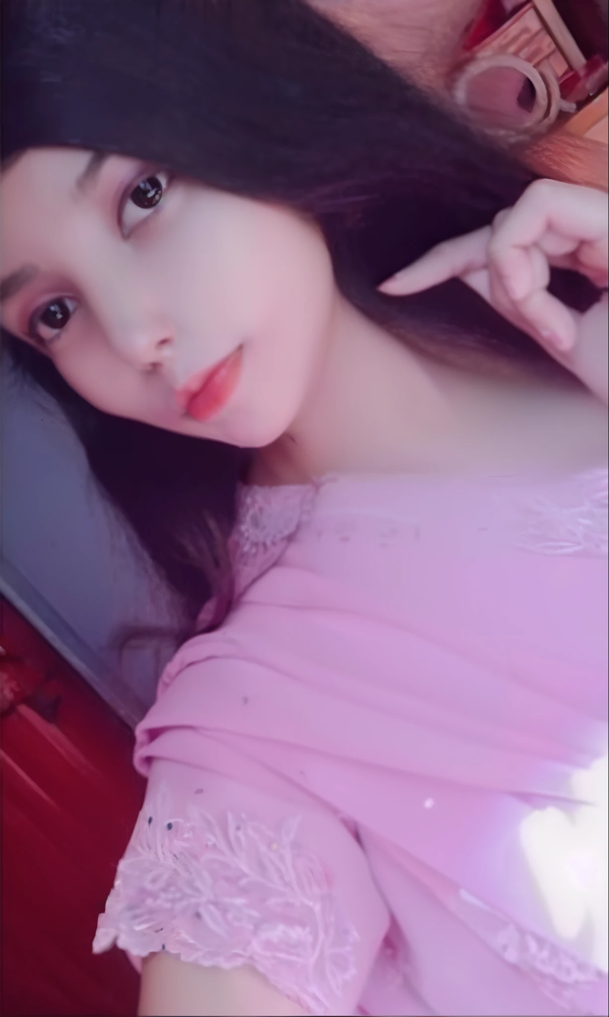 a close up of a woman in a pink dress posing for a picture, profile pic, with lovely look, 1 8 yo, high quality upload, girl next door innocent look, very very low quality picture, with cute - fine - face, very beautiful girl, ❤🔥🍄🌪, attractive photo, young and cute girl, very beautiful photo, cute photo