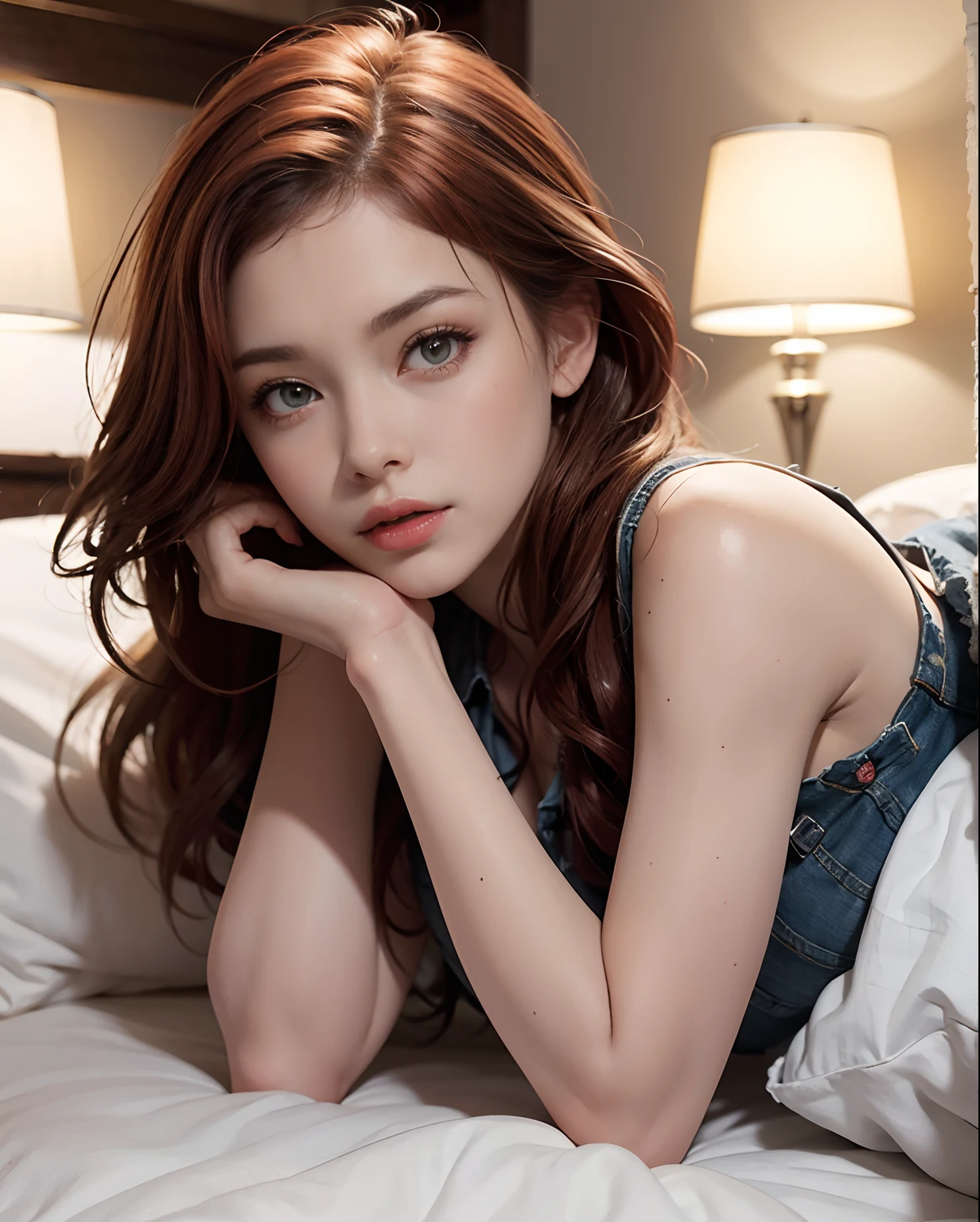 A beautiful hot redhead woman lying face down on the bed, Realistic