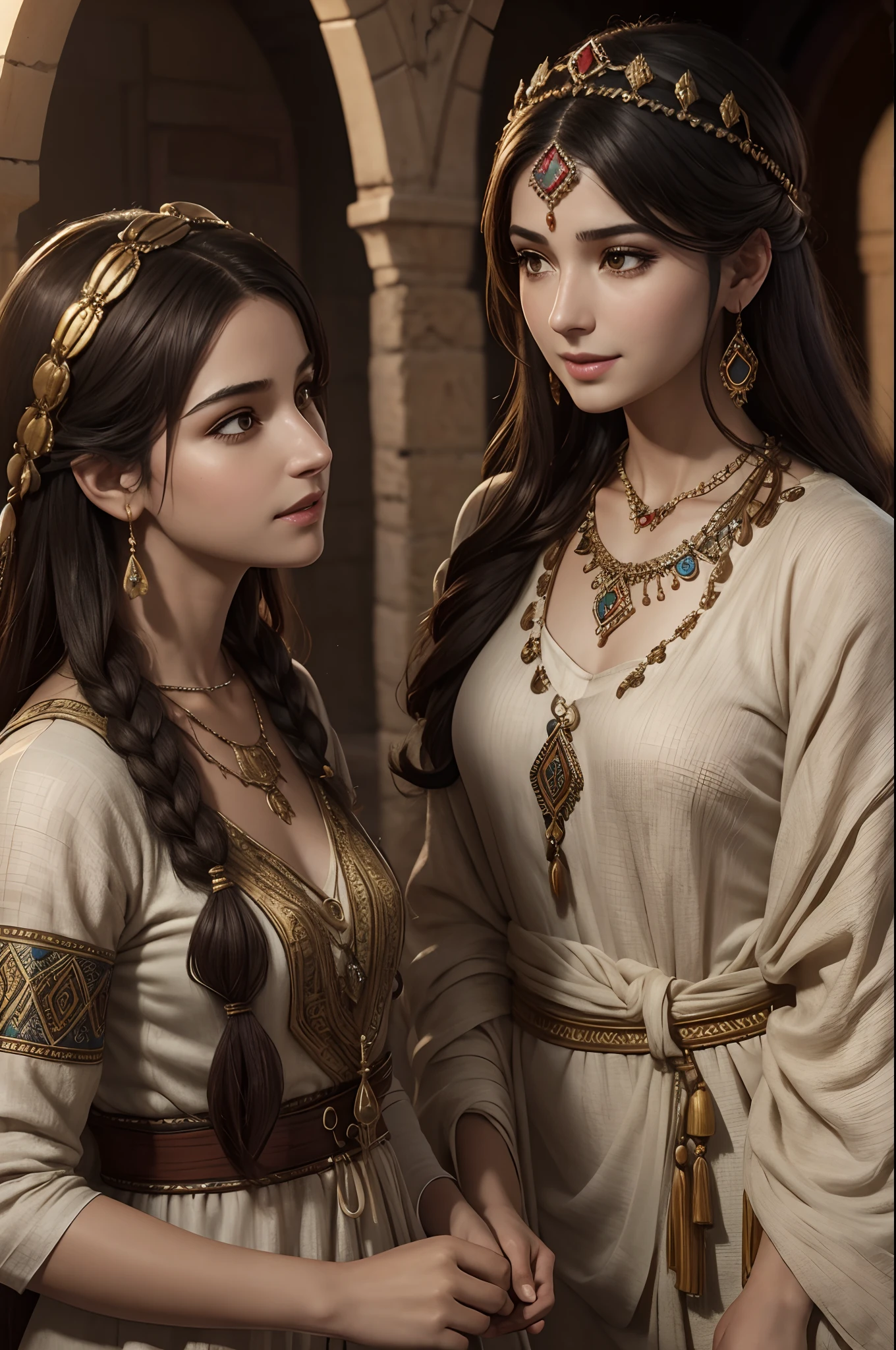 high quality, ultra-realistic, closeup portrait of two Beautiful women of ancient Mesopotamia,leering:1.4,dynamic pose, ancient Mesopotamian civilization, Babylonia, Uruk, tunics of various lengths, linen garments, agate necklaces,translucent paisley clothing, Kaunakes, bronze ware, a little smile, high adobe walls, luminism, 3d render, octane render, cinematic, Isometric, awesome full color, 8K Ultra HD, by yukisakura, high detailed,