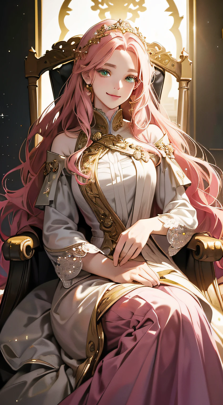 {(best quality, 8k, masterpiece, HDR, soft lighting, perfect image, digital illustration, manhwa art, hyper detailed image, perfect lines, realistic)} 1 very beautiful 18 year old woman, wavy pink hair, green eyes (imposing posture, wicked smile) wearing a luxurious dress, sitting on a throne, holding chess pieces, {(black background, gold details and sparkles)}
