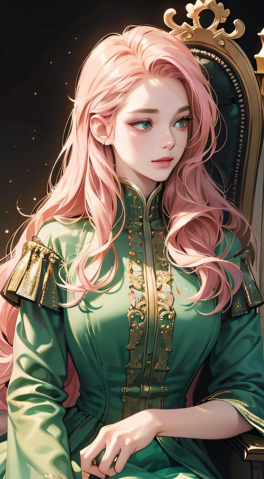 {(best quality, 8k, masterpiece, HDR, soft lighting, perfect image, digital illustration, manhwa art, hyper detailed image, perfect lines, realistic)} 1 very beautiful 18 year old woman, wavy pink hair, green eyes (imposing posture, wicked smile) wearing a luxurious dress, sitting on a throne, holding chess pieces, {(black background, gold details and sparkles)}