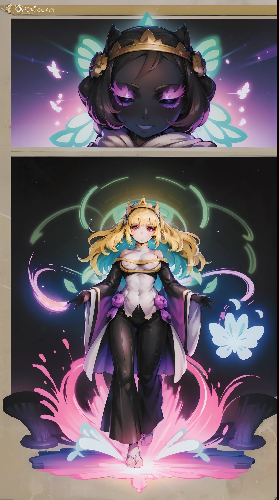 taokaka,,huge breast, , female,fantasy goddess,there is a cartoon picture of a woman with a very large breast, glowing angelic being, glowing holy aura, inspired by Luma Rouge, the non-binary deity of spring, ethereal rainbow nimbus, the butterfly goddess of fire, inspired by Marie Angel, glowing aura around her, astral fairy, as the goddess of the sun, “uwu the prismatic person, big breast, happy, beautiful eyes, , full body, walking, long robe, long dre, catgirlss,, priestess ,holy, smile, long dress, brown hair, female,red eyes, black robe with stars symbolism, full body, flipflops,(best quality,4k,8k,highres,masterpiece:1.2),ultra-detailed,(:1.37),black robe with blue stars simbolism, girl with queen crown,beautiful detailed eyes,beautiful detailed lips,extremely detailed eyes and face,longeyelashes,golden crown adorned with diamonds,glowing blue stars on the robe,glittering pearls entwined in hair,royal purple backdrop,sparkling tiara,rich textures and fabrics,regal posture,confident expression,majestic aura,ethereal lighting,hauntingly beautiful atmosphere,elegant and magical,enchanted garden in the background,floating golden particles,subtle reflections on the crown,sublime tranquility,depth and mystery,sophisticated and regal,impeccable attention to detail,captivating and enchanting,ethereal and divine,fantasy-inspired artwork,dreamlike and surreal,celestial beauty and elegance,dark and mysterious,royal and majestic vibes,meticulous craftsmanship,vivid colors,whimsical and otherworldly., pants,sharpteeth ,black hair, cat ears, full body, smile, darkskinned-female, black hair, pants, caucasiene facial features, dark hair, body suit, pantyhose,