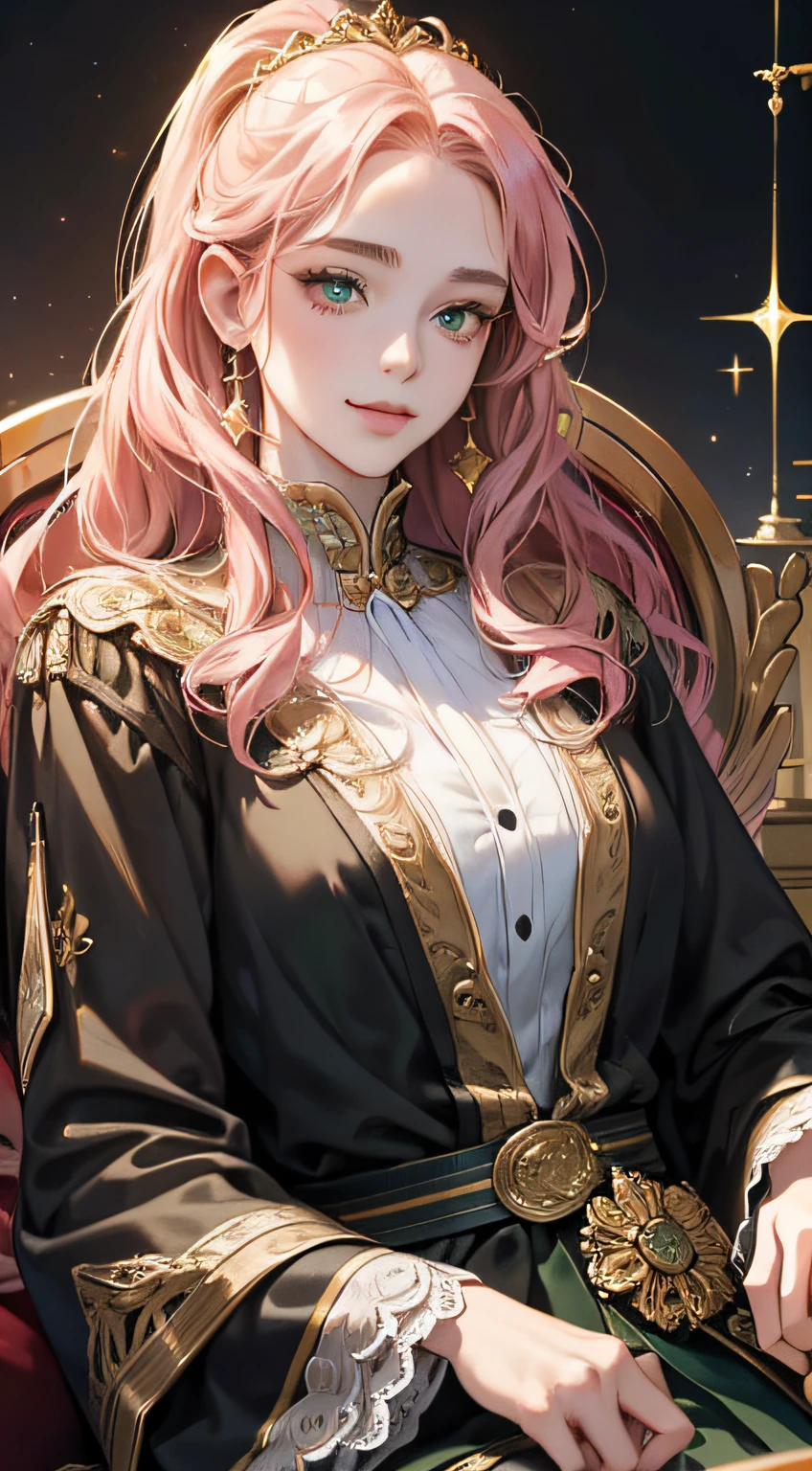 {(best quality, 8k, masterpiece, HDR, soft lighting, perfect image, digital illustration, manhwa art, hyper detailed image, perfect lines, realistic)} 1 very beautiful 18 year old woman, wavy pink hair, green eyes (imposing posture, wicked smile) wearing a luxurious dress, sitting on a throne, holding chess pieces, {(black background, gold details and sparkles)}