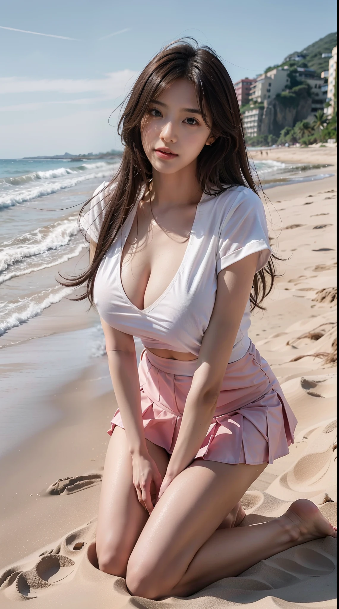 NSFW， 8K Raw photograph， best qualtiy， tmasterpiece， 超高分辨率， filmgrain， cinematic ligh，
1 girl kneeling on the beach，the sea，sand beach
Natural skin type，Realistic Eyes and Face Details，full pouty lips，Long messy hair，Black color hair，beautifullegs，Tall women，
posing on a，Hips facing you，Pink miniskirt，hindquarters，White color blouse，white  shirt，gigantic cleavage breasts，，show a little cleavage through the shirt， By bangs，ssmile，Pink pleated skirt