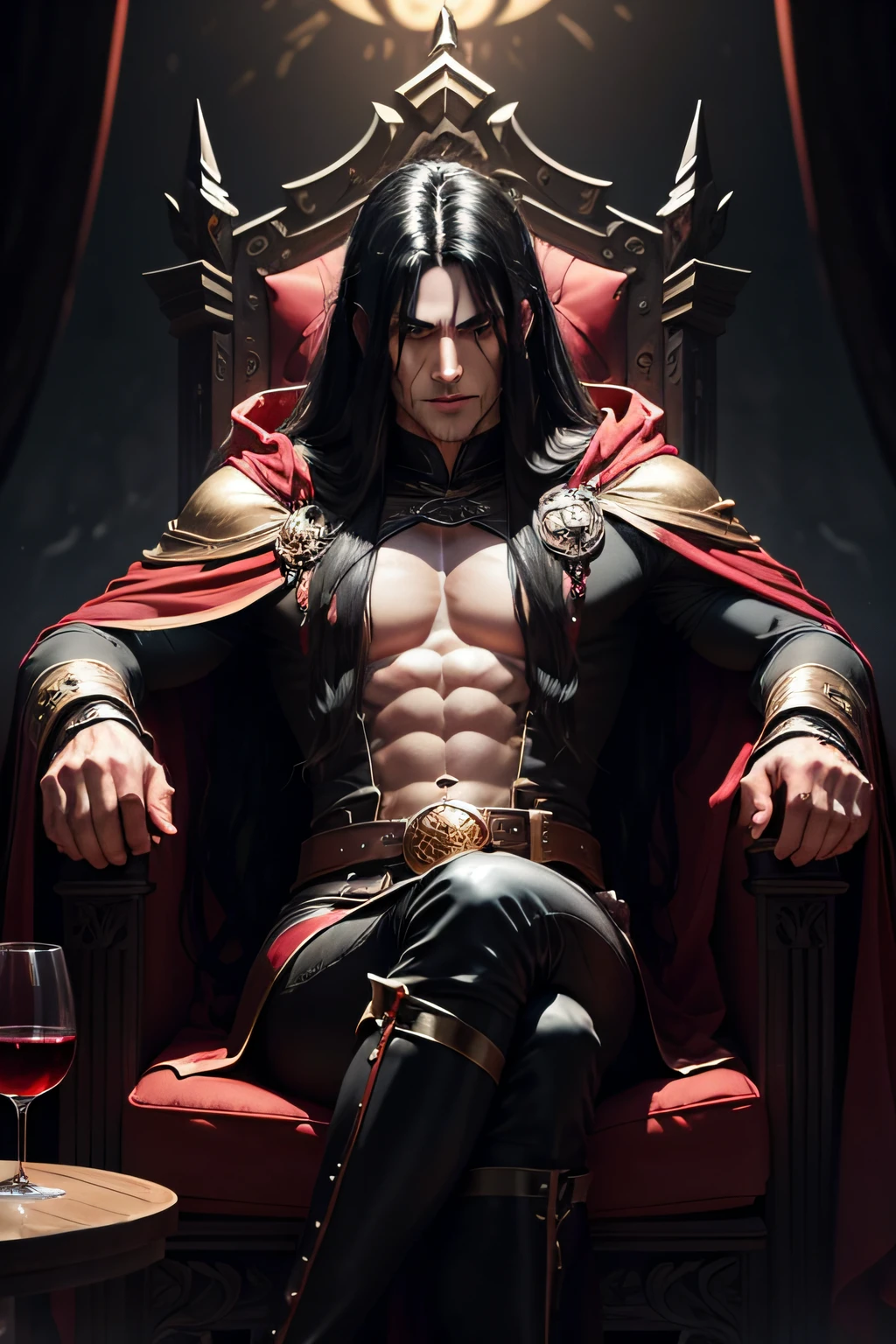 Make a medieval painting of a half-human demon lord, he has black hair, a short beard, black skin and an onyx crown with rubies, make something semi-medieval