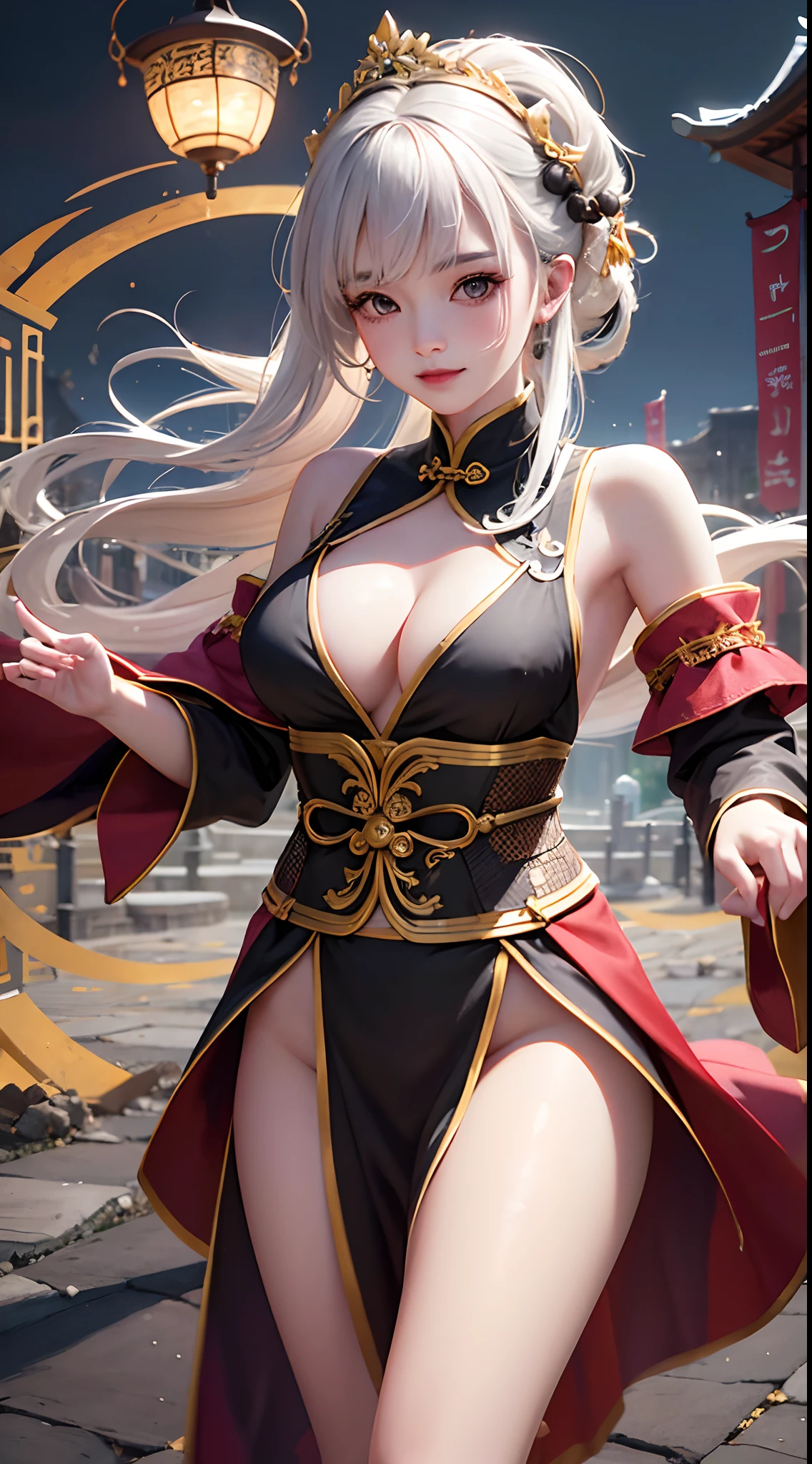 A young woman in ancient China,age 22,hair bobbles, wince, long eyelasher, solid circle eyes,Light smile, Ear blush,medium boob,full bodyesbian,Wear embroidered cloth shoes, surrealism, shadowing, anaglyph, stereograms, tachi-e, angle of view, Atmospheric perspective, 8K, Super detail, ccurate, Best quality