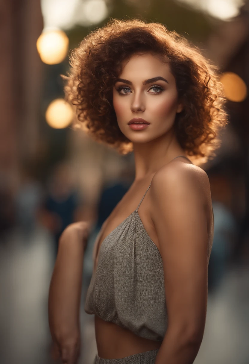 (sharp focus:1.2), photo, attractive young woman, (beautiful face:1.1), detailed eyes, luscious lips, (cat eye makeup:0.85), (large eyes:1.0), (toned body:1.2), (curly hair:1.2), curvy body, wearing (romper:1.2) on a (street:1.2). (moody lighting:1.2), depth of field, bokeh, 4K, HDR. by (James C. Christensen:1.2|Jeremy Lipking:1.1).