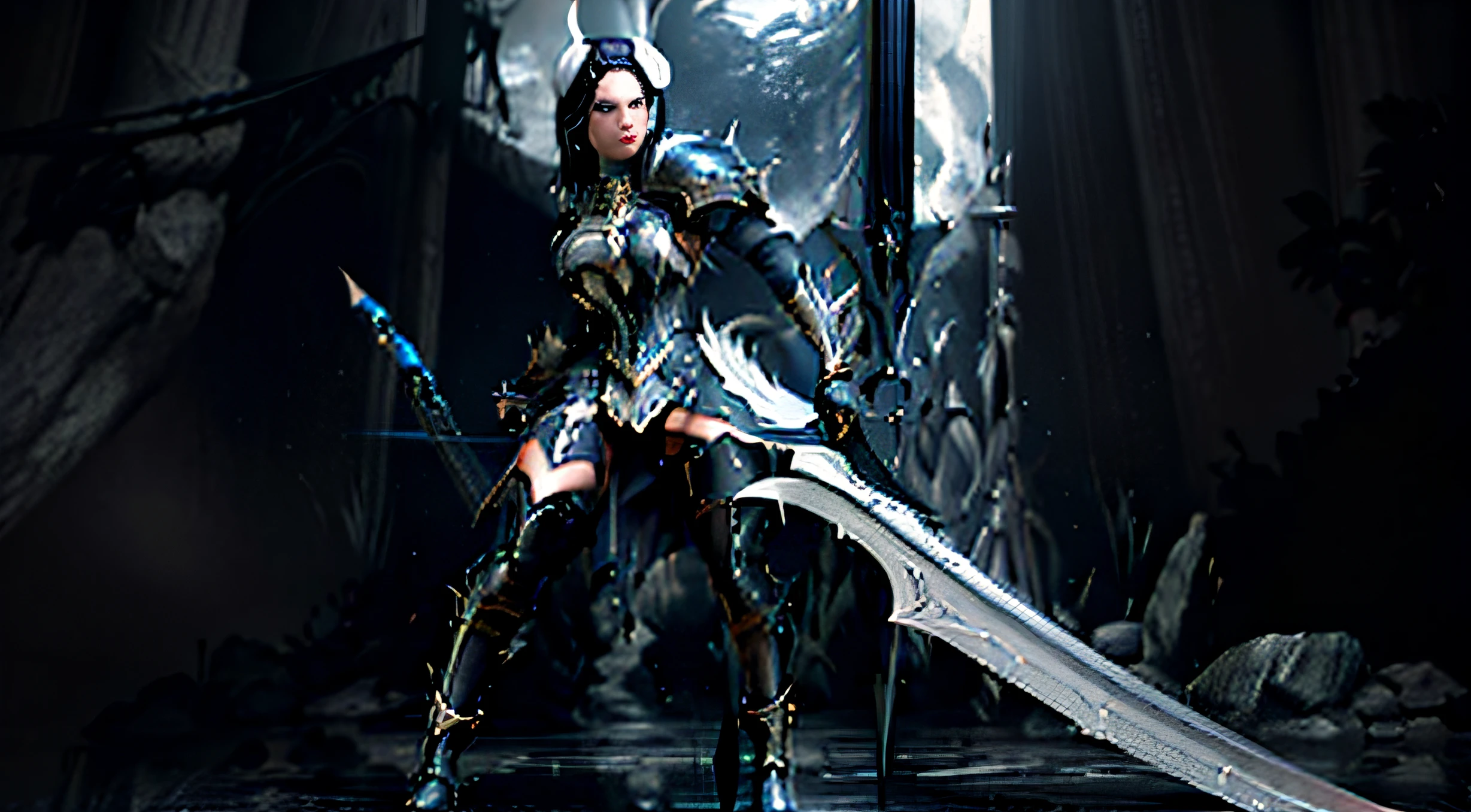 there is a woman in a black and white outfit holding a sword, glossy white armor, pale black armor, black shiny armor, <mmorpgs scene, sleek bright white armor, ffxiv heavensward, lacquered armor, wearing witchblade armor, gothic knight, wearing fantasy armor, sharp black armor, fantasy warrior, wielding a magical sword, berserk skullknight black armor