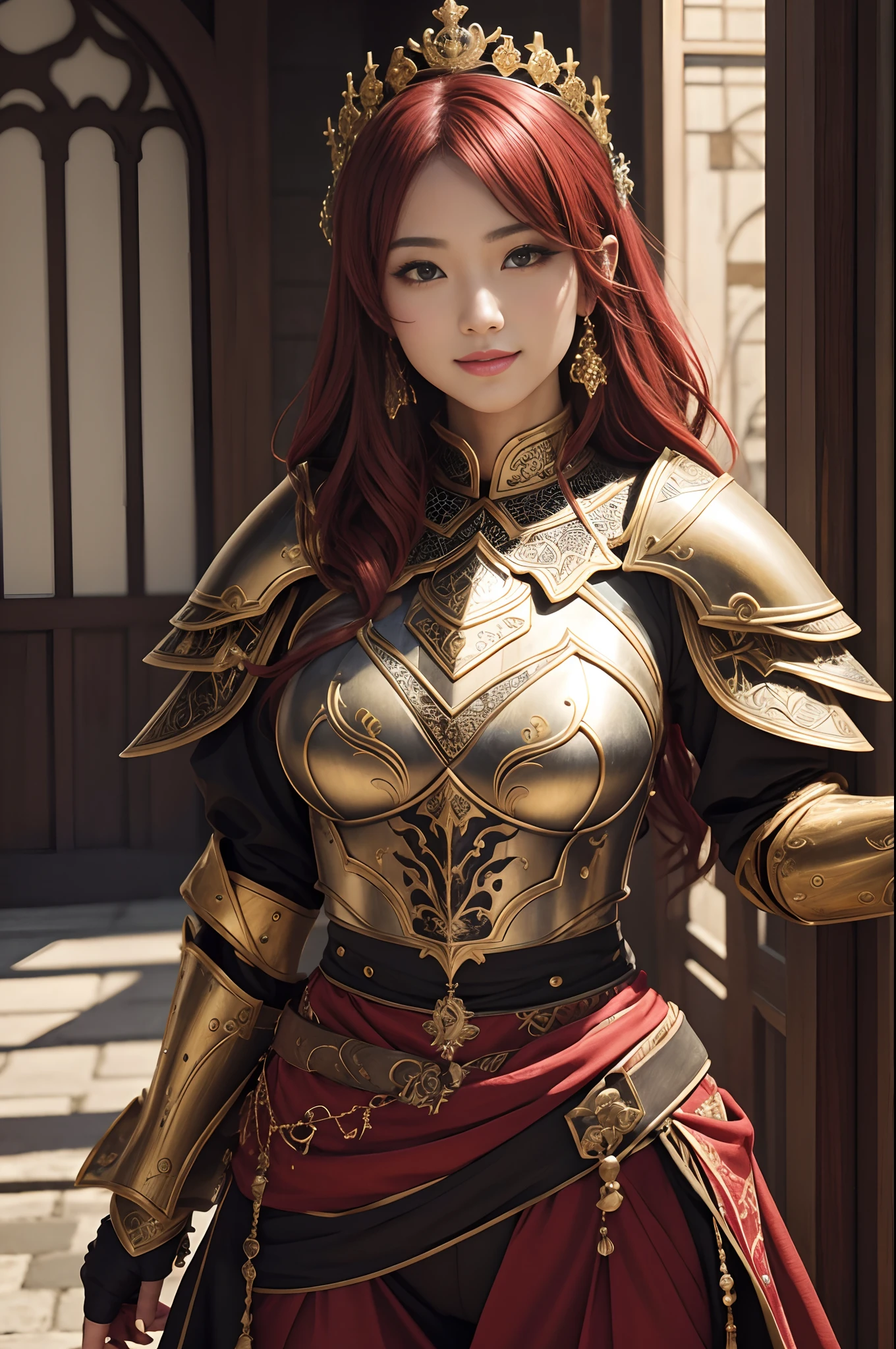 (dark shot:1.1)The whole body of a mature holy knight,Big sexy holy knight chest armor(absurderes、hight resolution、The ultra-detailliert)、One woman's whole body、Red and white female Holy Knight armor,Mature holy knight with big breasts、Extravagant black and gold trousers、Red hair short bob、Skinny and big、blue eyess、Muscular and macho、finely eye and detailed face、intricate detailes、BREAK mosaic art、small pieces、colorful tesserae、Complex pattern、Tiled design、durable surfaces、Old fashioned technique BREAK macro photography、extreme close - up、intricate detailes、Enlarged texture、stunning clarity、Hidden beauty、Interruption of immersive perspective、artisanal creations、Handmade Products、unique designs、intricate detailes、Creative expression、skilled craftsmanship、魅惑的、enticing、English Garden、A smile、