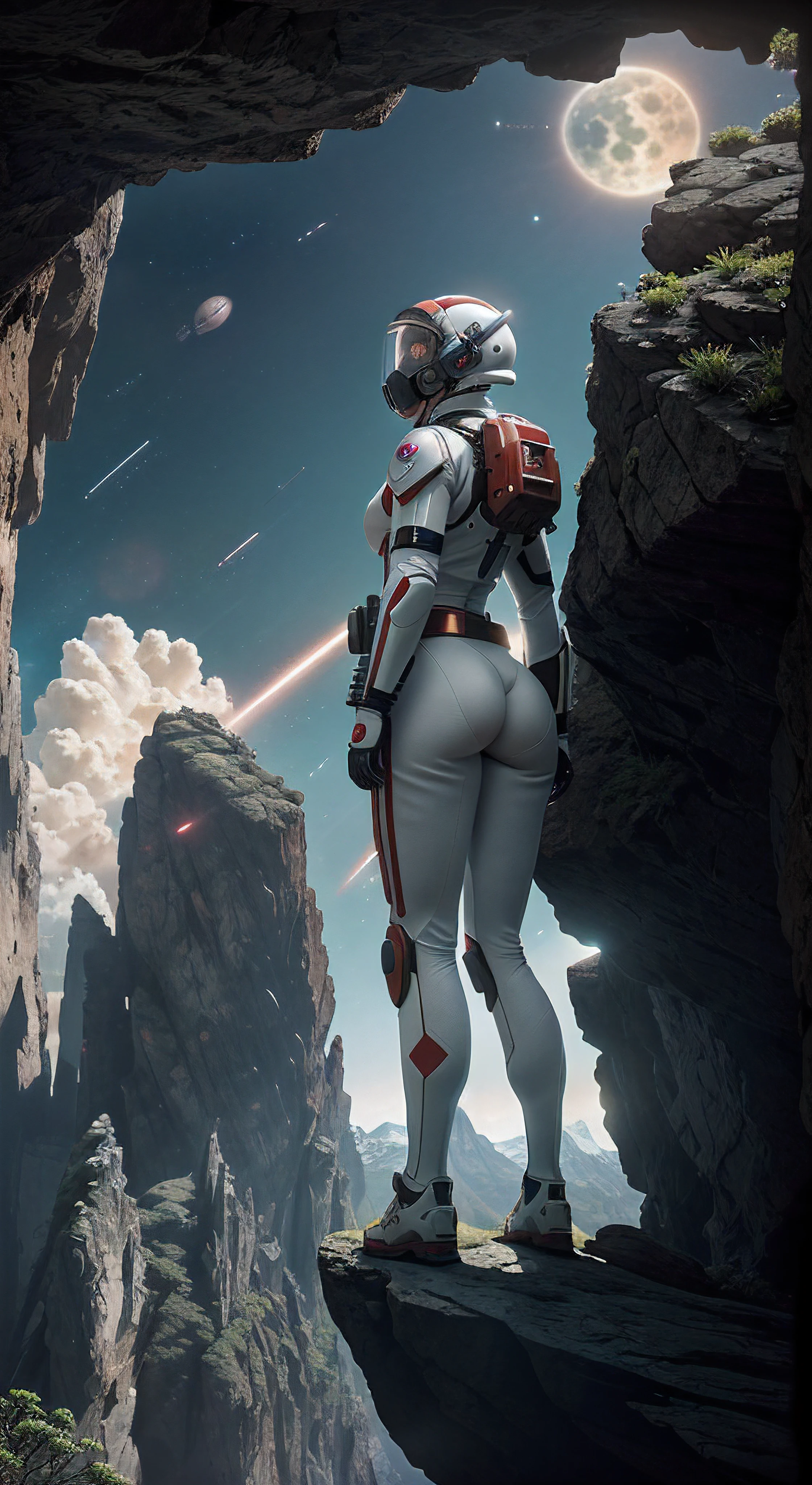 (35mmstyle:1.2), Highly detailed RAW color Photo, Rear Angle, Full Body, of (female space marine, wearing white and red space suit, futuristic helmet, tined face shield, rebreather), outdoors, (standing on Precipice of tall rocky mountain, looking out at magical lush green rain forest on alien planet), vivid detail, (exotic alien planet), toned body, (sci-fi), (mountains:1.1), (lush green vegetation), (two moons in sky:0.8), (highly detailed, hyperdetailed, intricate), (lens flare:0.7), (bloom:0.7), particle effects, raytracing, cinematic lighting, shallow depth of field, photographed on a Sony a9 II, 35mm wide angle lens, sharp focus, cinematic film still from Gravity 2013, viewed from behind, dynamic angle