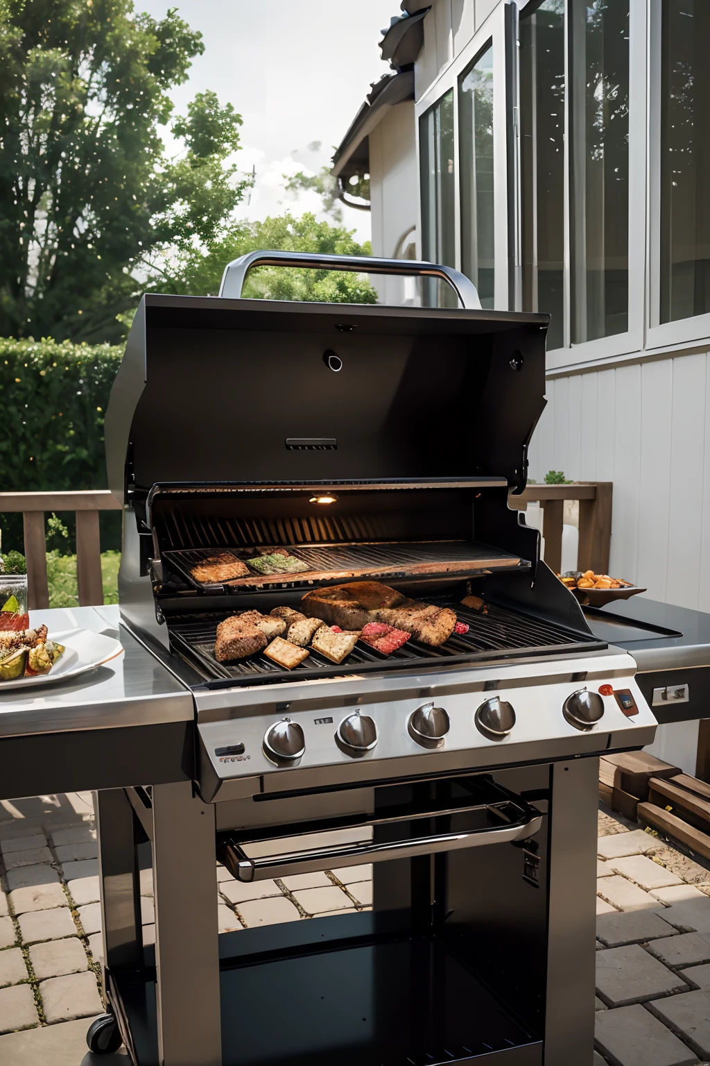 (highres,masterpiece:1.2),a fully automated barbecue grill,metallic body,high-tech design,grill grates with precise temperature control,smart cooking system,touchscreen display,smoke-free operation,easy-to-use interface,fast and efficient cooking process,built-in sensors for perfect doneness,even heat distribution,five-star restaurant quality results,hassle-free cleaning process,flavorful and juicy grilled food,innovative flameless technology,adjustable cooking modes,interchangeable grill plates for various types of food,durable and long-lasting construction,compact size for easy storage,modern and sleek aesthetics,indoor and outdoor use,portable and convenient for picnics and camping trips,vivid color scheme,soft ambient lighting,shadow-free illumination,multi-functional features for roasting,grilling, and smoking,mouthwatering aroma,leisurely grill experience,unforgettable barbecue gatherings.