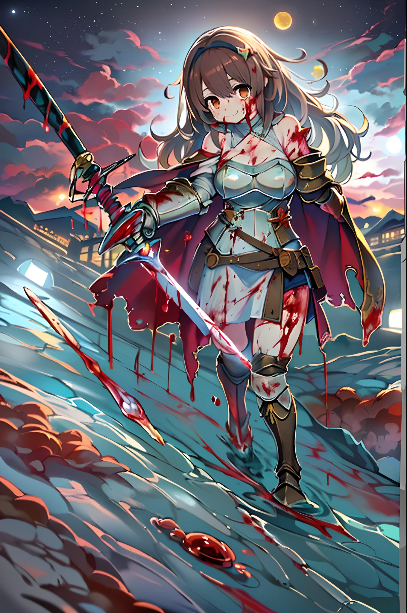 8K,(Asuna(stele): 1.6),One girl, Solo,(Perfect Anatomy:1.43), (Medium Hair:1.55) ,(half up:1.45),Bangs, Brown eyes,Fine eyes,(mournful smile:1.3),white thighhig,(Brown hair:1.6),Bloody boots,(18 years old:1.5),Full body,(Fusion of bloody white silver full-plate armor and a long cloak drenched in blood:1.63),(Bare shoulders:1.5),(Mini skirt:1.26),(Having one bloody rapier:1.43),(Standing on the battlefield in the pool of blood at night in the moonlight:1.52),Fantasy,(blood effect:1.53),POV,Eye-level view,(drop shadow:1.21)