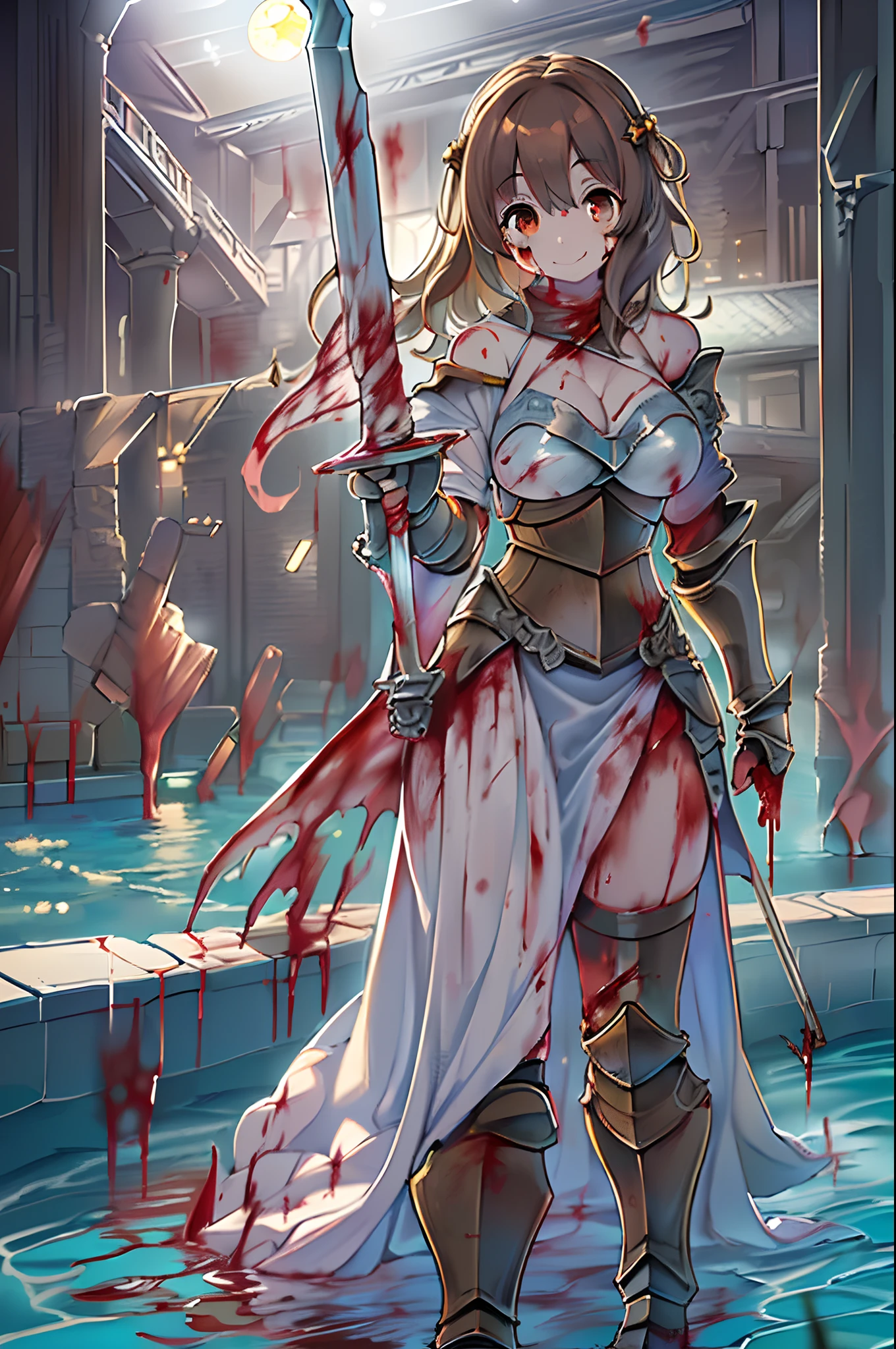 8K,(Asuna(stele): 1.6),One girl, Solo,(Perfect Anatomy:1.43), (Medium Hair:1.55) ,(half up:1.45),Bangs, Brown eyes,Fine eyes,(mournful smile:1.3),white thighhig,(Brown hair:1.6),Bloody boots,(18 years old:1.5),Full body,(Fusion of bloody white silver full-plate armor and a long cloak drenched in blood:1.63),(Bare shoulders:1.5),(Mini skirt:1.26),(Having one bloody rapier:1.43),(Standing on the battlefield in the pool of blood at night in the moonlight:1.52),Fantasy,(blood effect:1.53),POV,Eye-level view,(drop shadow:1.21)