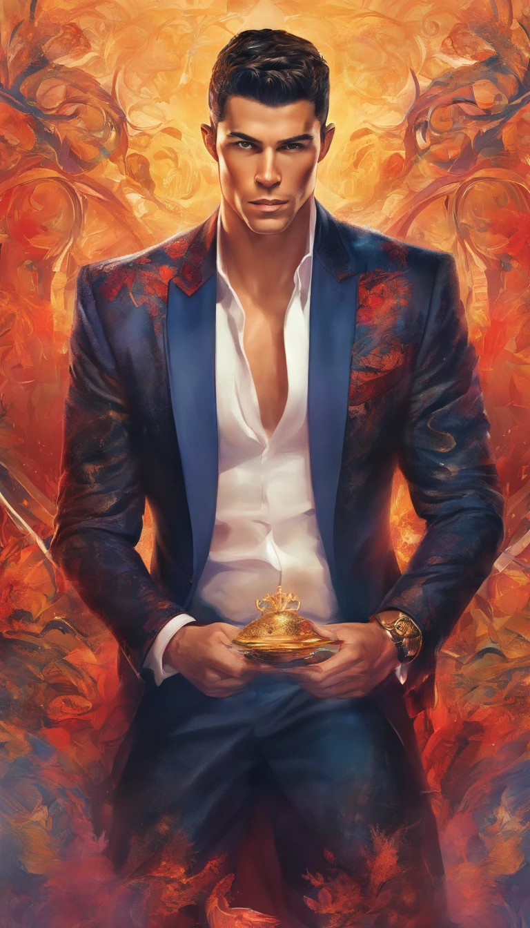 Photorélastique Cristiano Ronaldo , hiper detalhada, ele esta sentado em um trono de fogo e tem muito ouro em volta, your hyperdetailed hand and fingers, your eyes are red, sorriso de poder, He owns the world, seu copo aparece por completo sentado no seu trono de fogo. is to give black color, but his head is that of a black animal goat.