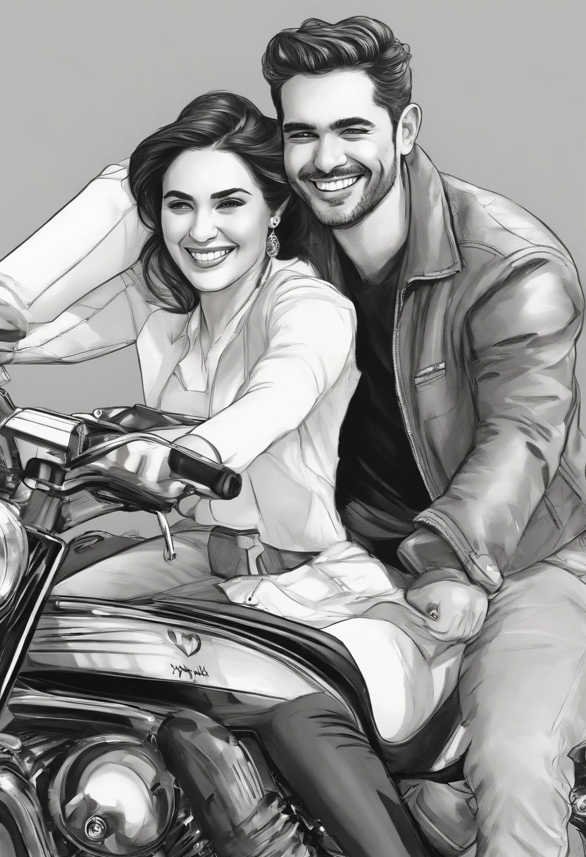 A lively caricature pencil couple can be seen in this captivating sketch-style draw,pencil 6b. The couple is portrayed riding a Yamaha motorcycle, both wearing cheerful smiles and casual clothes. The pencil strokes bring the sketch to life, capturing the moment with remarkable precision. The level of detail is impressive, as every stroke adds depth and dimension to the image. The couple's expressions are full of joy and excitement, radiating a sense of happiness. This high-quality sketch beautifully combines humor and realism, showcasing the artist's exceptional skill and talent.