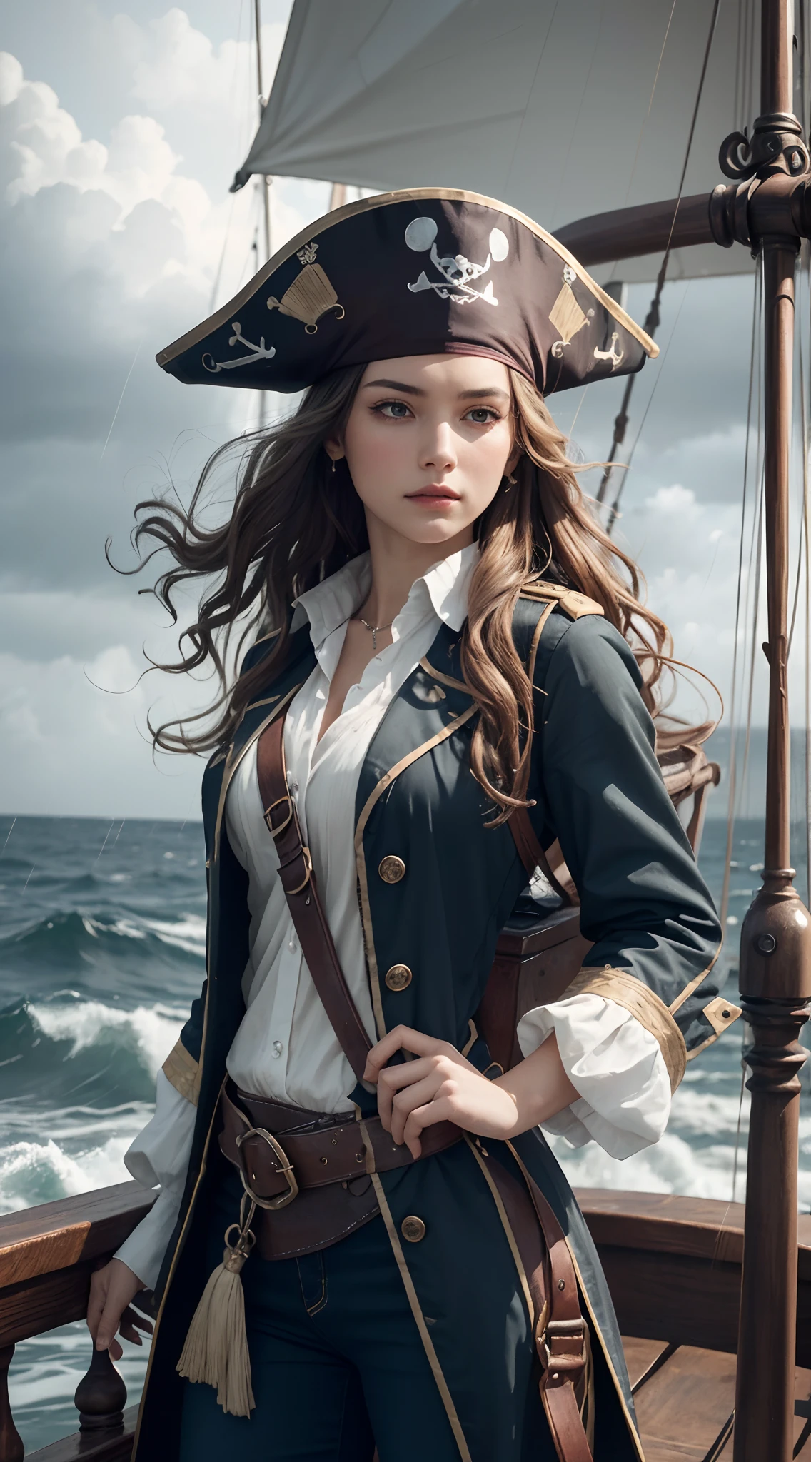 (masterpiece, best quality, award winning, highres), 1 beautiful female pirate, skinny, tall, pirate hat, intricate pirate clothes, intricate and beautiful design, highly detailed beautiful face, wavy hair, detailed flowing hair, standing at helm on pirate ship, pirate ship, storm, rain, rough sea, detailed background, water splash, extremely CG detail, ultra detail