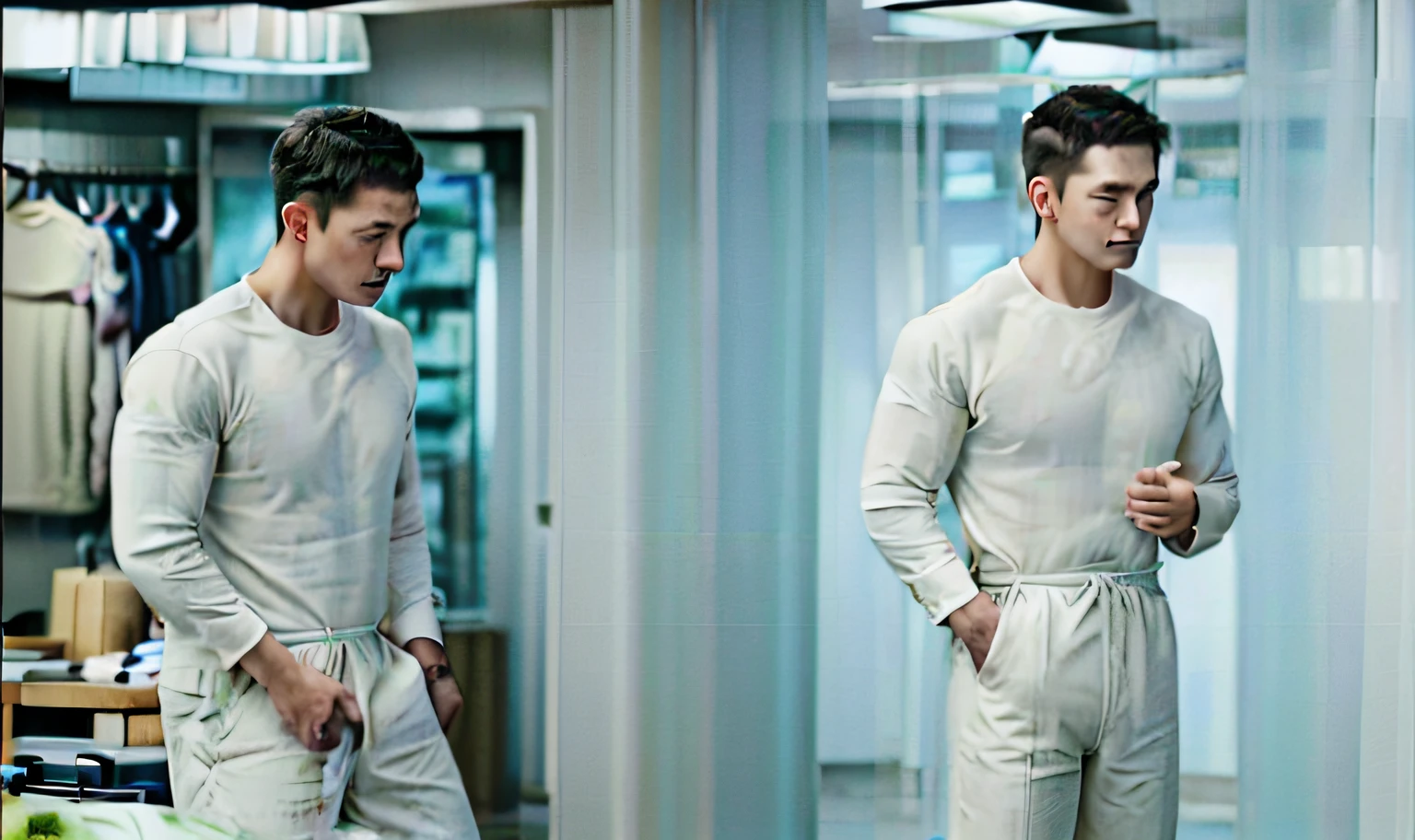 1人, a 30 y.o Muscular males,Wear a long-sleeved white shirt and tie, In a clothing store, Soft lighting, Masterpiece, Best quality, 8K UHD, Digital SLR, filmgrain, Fujifilm XT3 The art of realistic painting,Composed by Midjourney and Greg Rutkowski