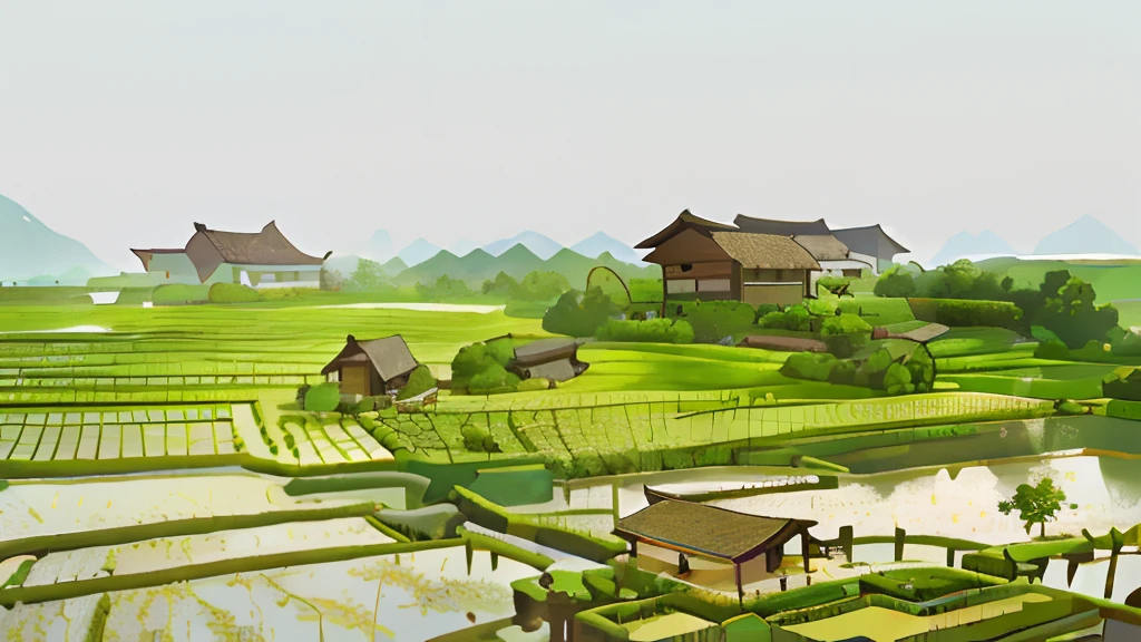 It was emphasized that several farmers worked in the rice fields,In the background is a cottage,There are rice paddies,Rice fields,There are neat rice seedlings in the field,and the sun was shining brightly、beautiful weather,villages,lavoura,in a serene landscape,very clear weather,In the midst of vast tranquil landscapes,in the early morning,Several farmers were toiling under the big sun,behind a tiny village,beautiful weather,The countryside of the Zhuang people in China,tiled roofs --v 6