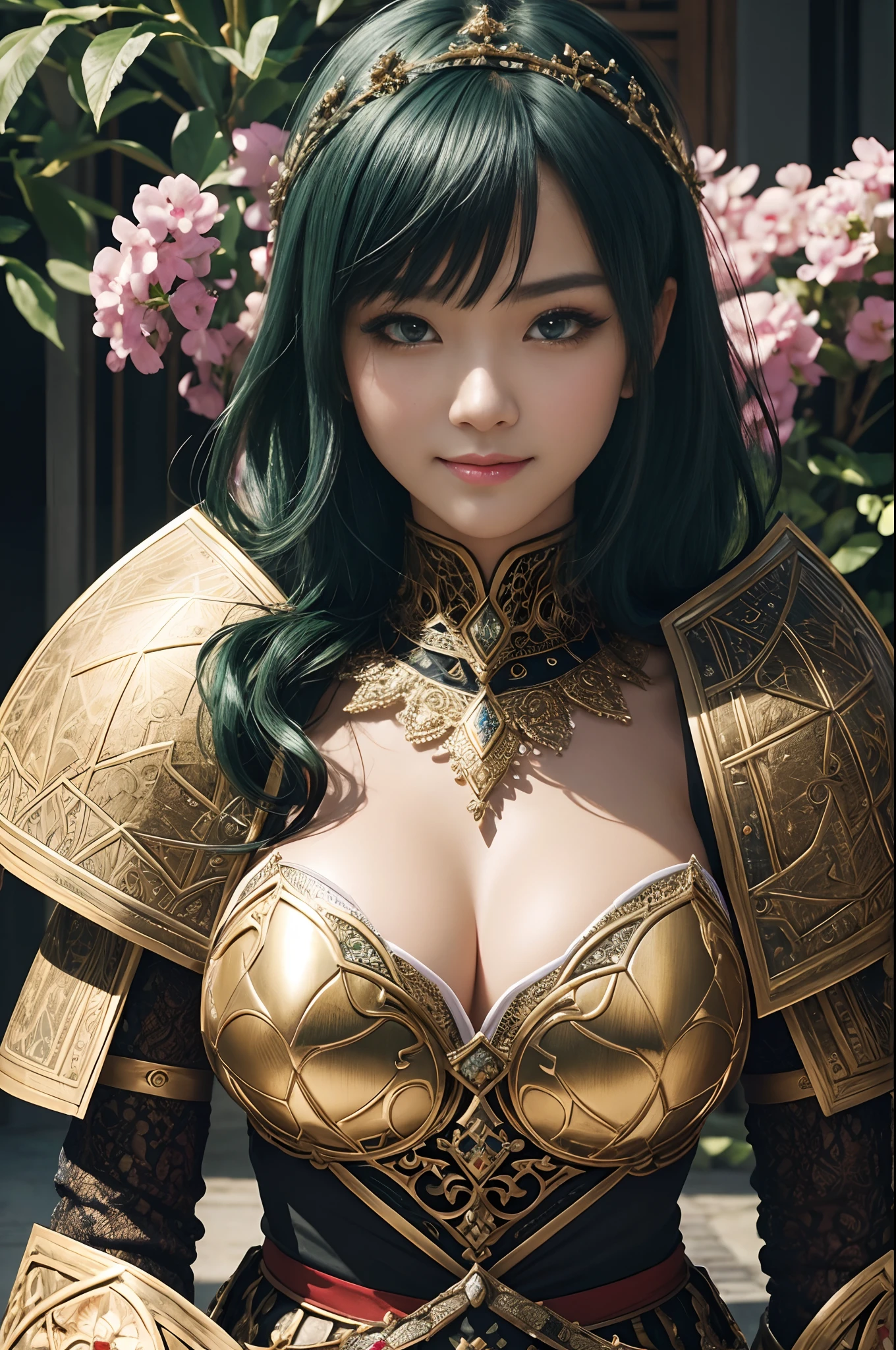 (dark shot:1.1)The whole body of a mature holy knight,Big sexy holy knight chest armor(absurderes、hight resolution、The ultra-detailliert)、One woman's whole body、Red and white female Holy Knight armor,Mature holy knight with big breasts、Extravagant black and gold trousers、Short bob with green hair、Skinny and big、blue eyess、Muscular and macho、finely eye and detailed face、intricate detailes、BREAK mosaic art、small pieces、colorful tesserae、Complex pattern、Tiled design、durable surfaces、Old fashioned technique BREAK macro photography、extreme close - up、intricate detailes、Enlarged texture、stunning clarity、Hidden beauty、Interruption of immersive perspective、artisanal creations、Handmade Products、unique designs、intricate detailes、Creative expression、skilled craftsmanship、魅惑的、enticing、English Garden、A smile、