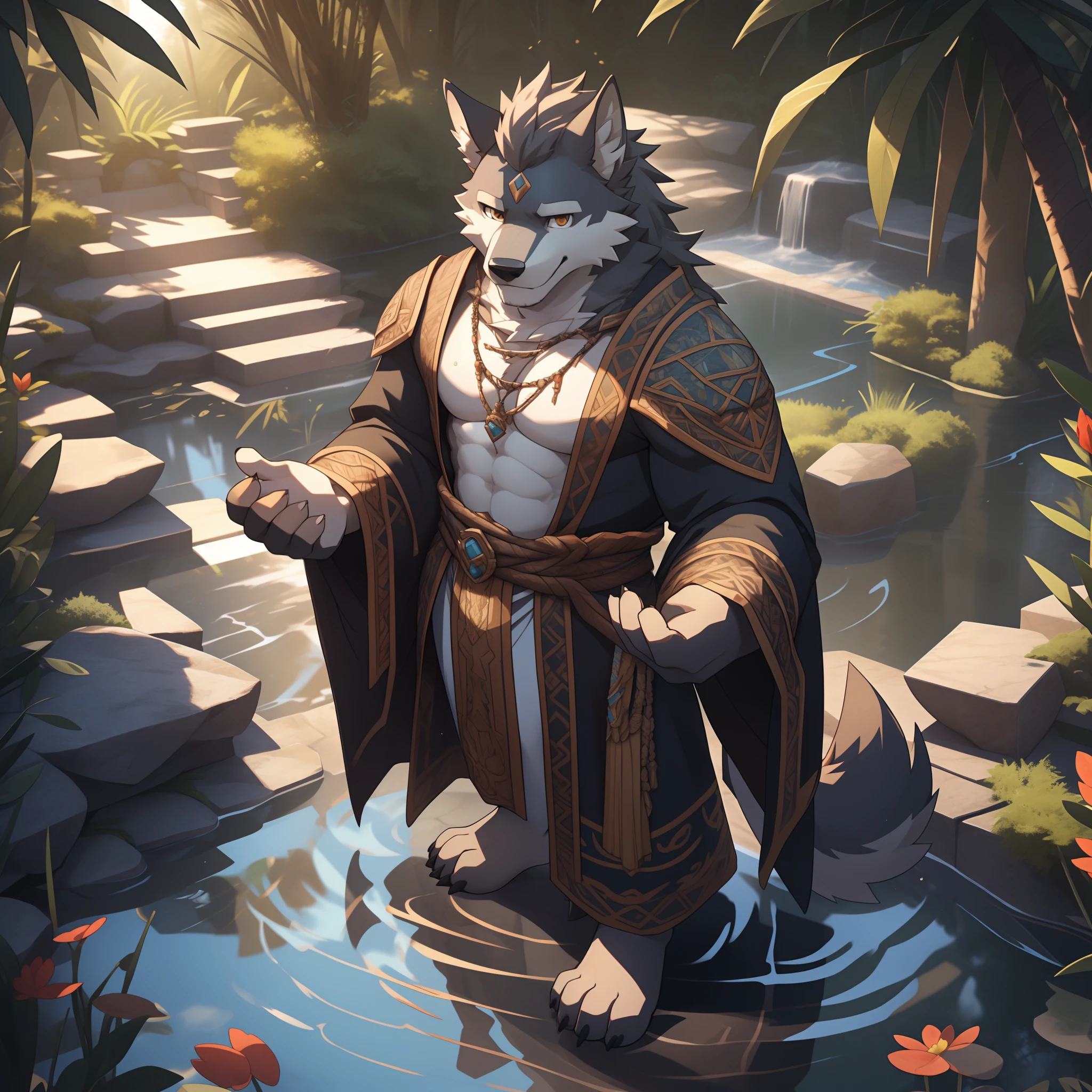 One guy，looking to the camera，Smile Expression，Wolf orcs，male people， full stature，Exquisite ，Masterpiece， Full of details，exotic costumes，The upper body is naked，Gray hair，Robe，standing on your feet，Hair coiled, standing in water，using magic, The background is complex, ponds, Dappled light, Natural light, Top angle of view，Outdoor rendering, West Jimmy, Clear detail, Realism, rendering, Nikon, C4D, 3DMAX, Redshift rendering, corona rendered, Bejas --ar 1:2 --C 10, Shy, estrus