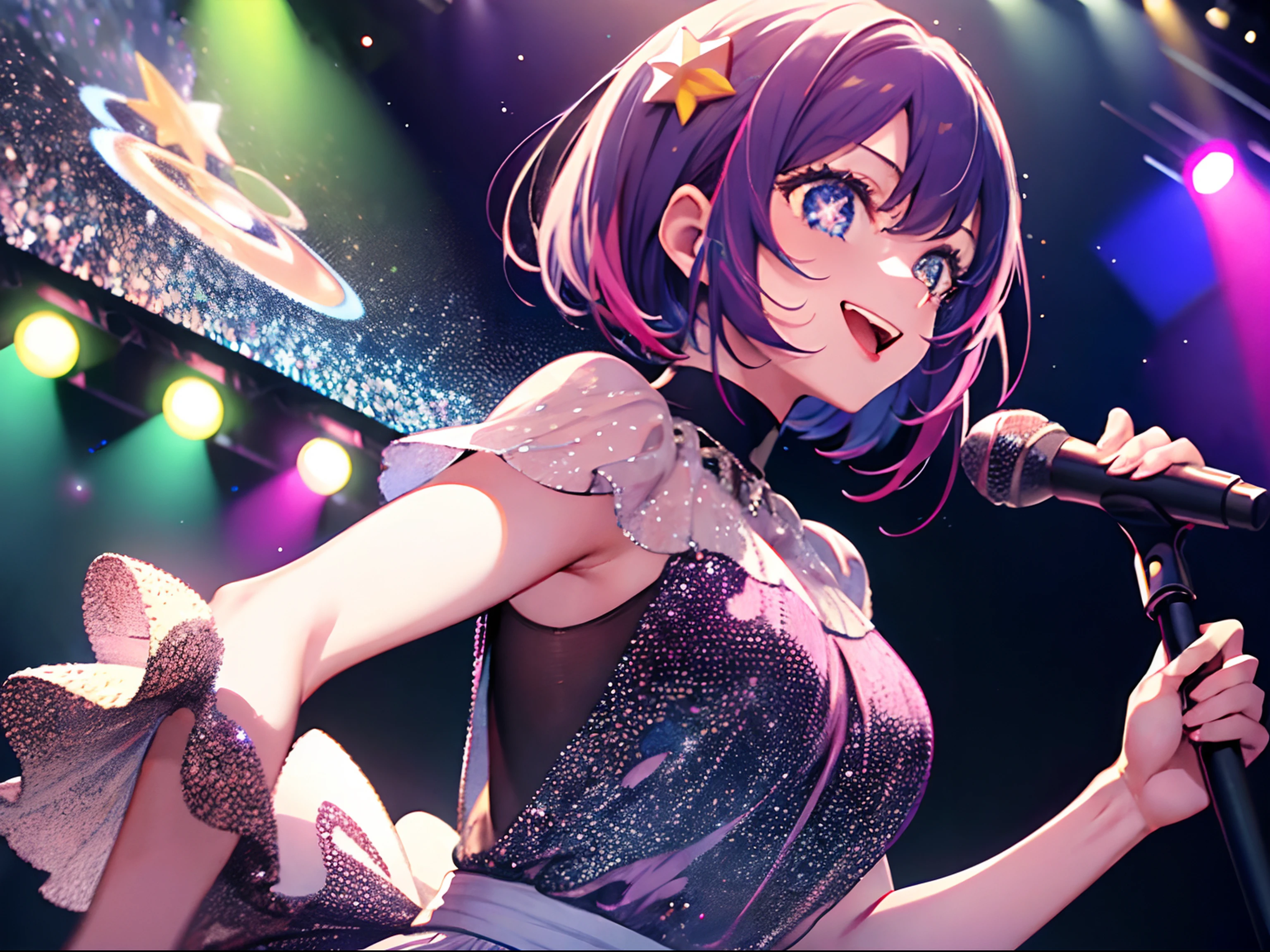 "masutepiece, Intricate details, Vibrant colors, (1 girl: 1.2), Charming idol,Striking white bob cut and charming smile, Wear a charming pink dress decorated with stars, Attractive starry eyes,star-shaped pupils、 Performing on a dazzling stage, Dance gracefully with the microphone, The audience cheered her on off stage,With a seductive playfulness and tongue-sticking hint, With incredible 8K resolution."