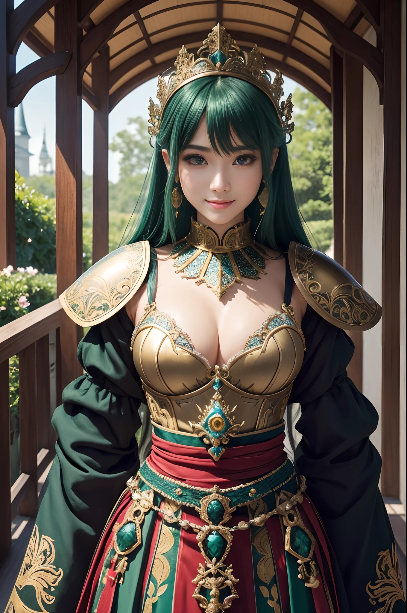 (dark shot:1.1)The whole body of a mature holy knight,Big sexy holy knight chest armor(absurderes、hight resolution、The ultra-detailliert)、One woman's whole body、Red and white female Holy Knight armor,Mature holy knight with big breasts、Extravagant black and gold trousers、Short bob with green hair、Skinny and big、blue eyess、Muscular and macho、finely eye and detailed face、intricate detailes、BREAK mosaic art、small pieces、colorful tesserae、Complex pattern、Tiled design、durable surfaces、Old fashioned technique BREAK macro photography、extreme close - up、intricate detailes、Enlarged texture、stunning clarity、Hidden beauty、Interruption of immersive perspective、artisanal creations、Handmade Products、unique designs、intricate detailes、Creative expression、skilled craftsmanship、魅惑的、enticing、English Garden、A smile、