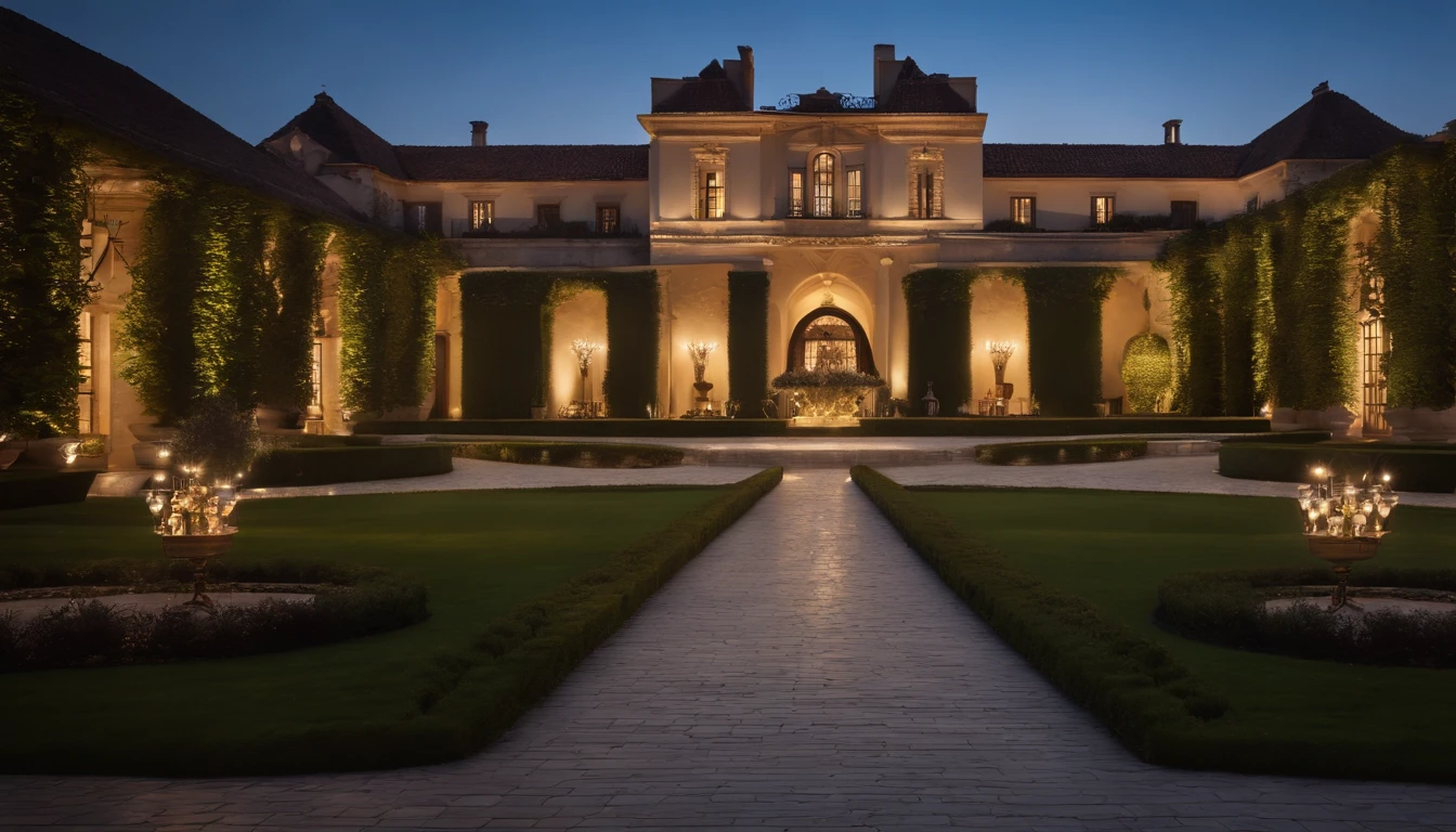 (best quality,4k,8k,highres,masterpiece:1.2),ultra-detailed,(realistic,photorealistic,photo-realistic:1.37),HDR,UHD,fine painting,sharp focus,professional,vivid colors,bokeh,illuminated,nighttime castle,luxurious,extravagant,grand entrance,majestic spires,expansive courtyard,ornate gates,manicured gardens,climbing vines,grape vines,rolling hills,lush greenery,elegant architecture,refined details,impressive facade,romantic atmosphere,unforgettable ambiance,chandeliers casting a warm glow,soft moonlight,star-filled sky,classical music floating in the air,sophisticated guests,enjoying a lavish feast,sipping on champagne,sparkling glasses,laughter resonating through the halls,serene tranquility,moment of pure elegance,Luxury chateau with vineyards